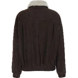 Gloria Brown Bomber Jacket with High Fur Collar with Straps in Suede for Women