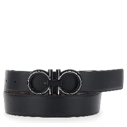 black and brown Belt with reversible design and Gancini buckle in leather for men