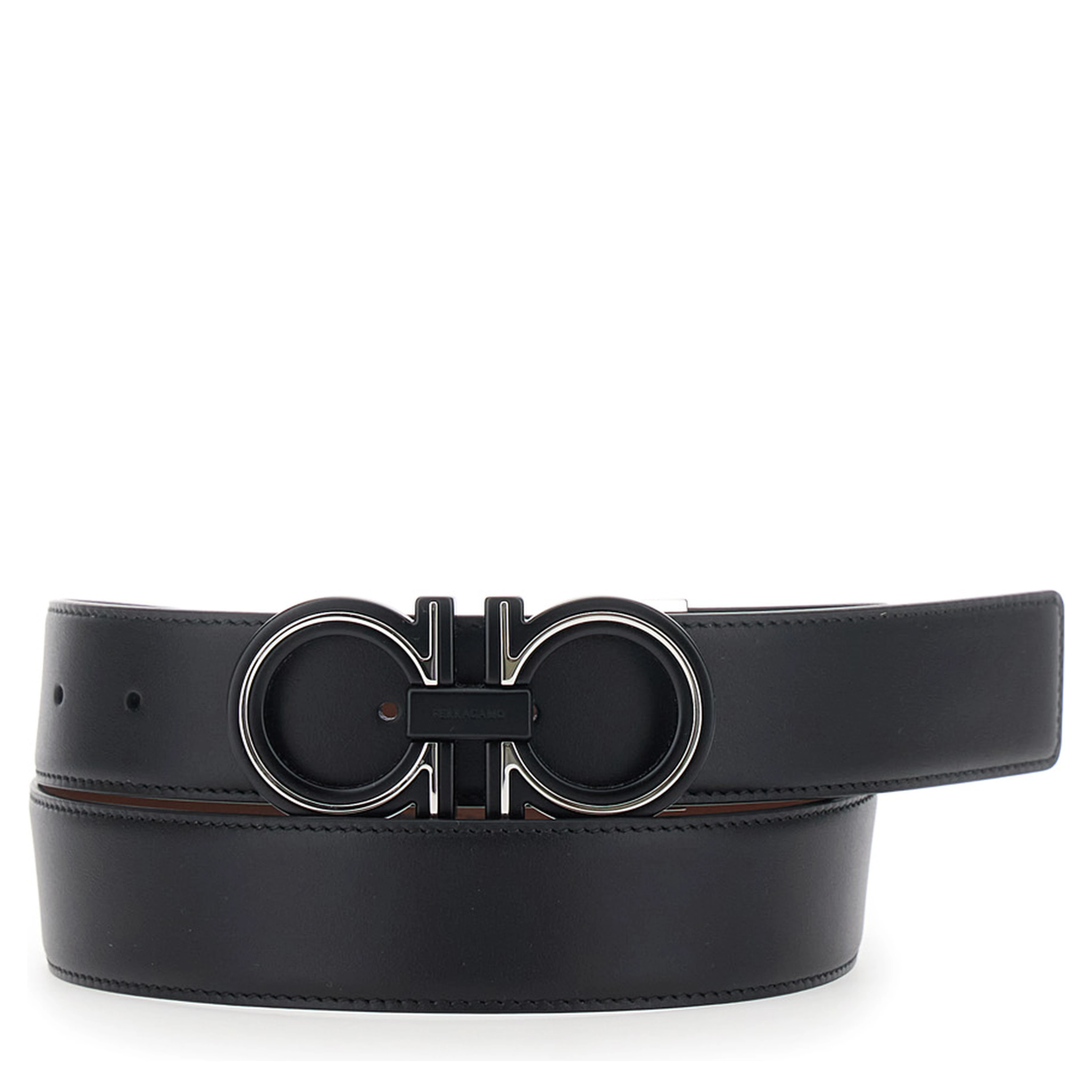 black and brown Belt with reversible design and Gancini buckle in leather for men