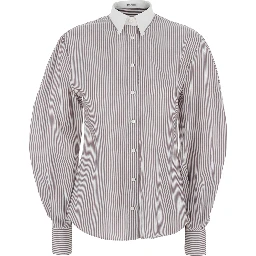 Brown Shirt with All-over Stripe Motif and Balloon Sleeves in Silk for Women
