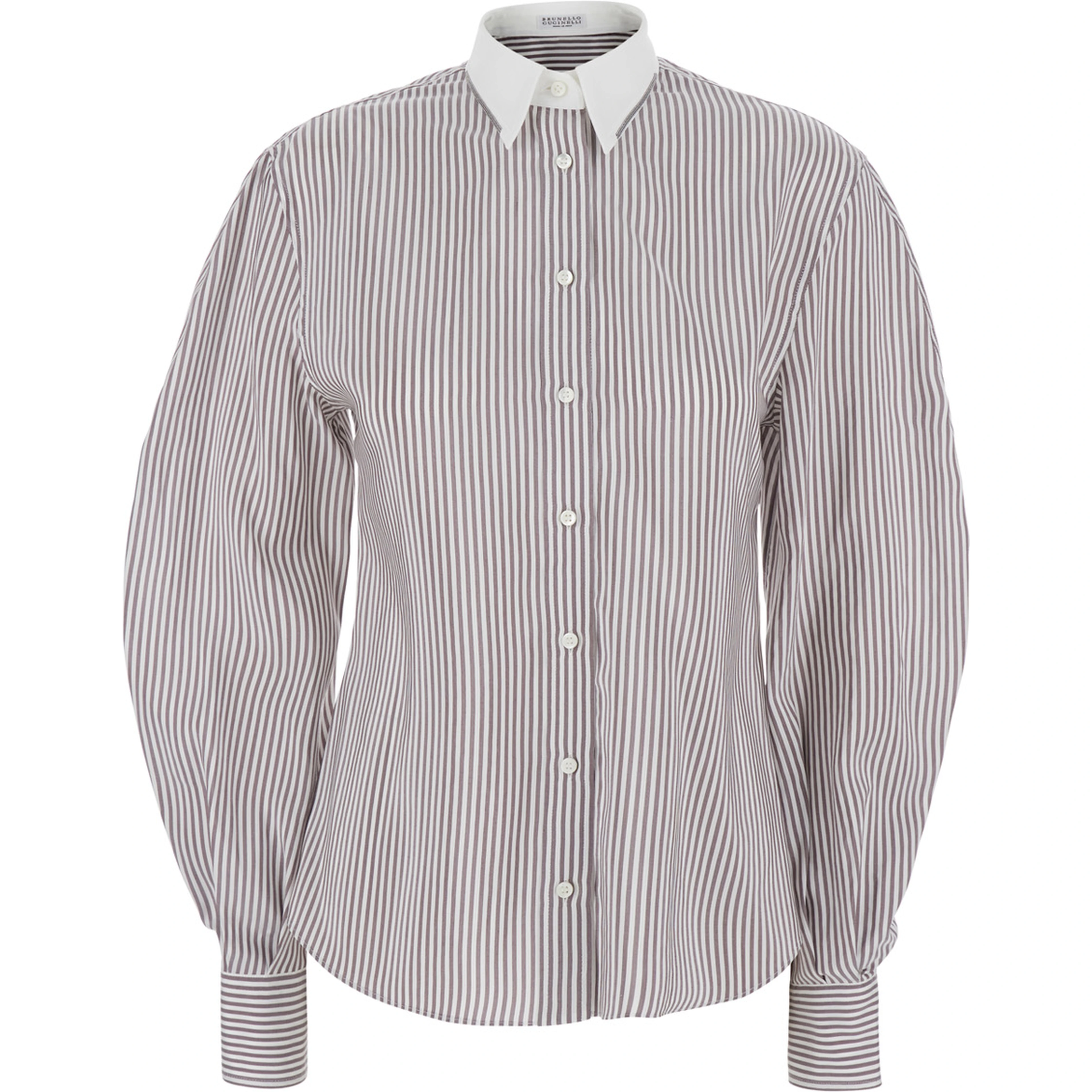 Brown Shirt with All-over Stripe Motif and Balloon Sleeves in Silk for Women