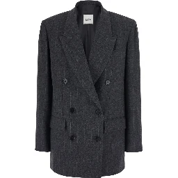 Grey Double-breasted Jacket with Prince of Wales Pattern in Blend Wool and Fabric Woman