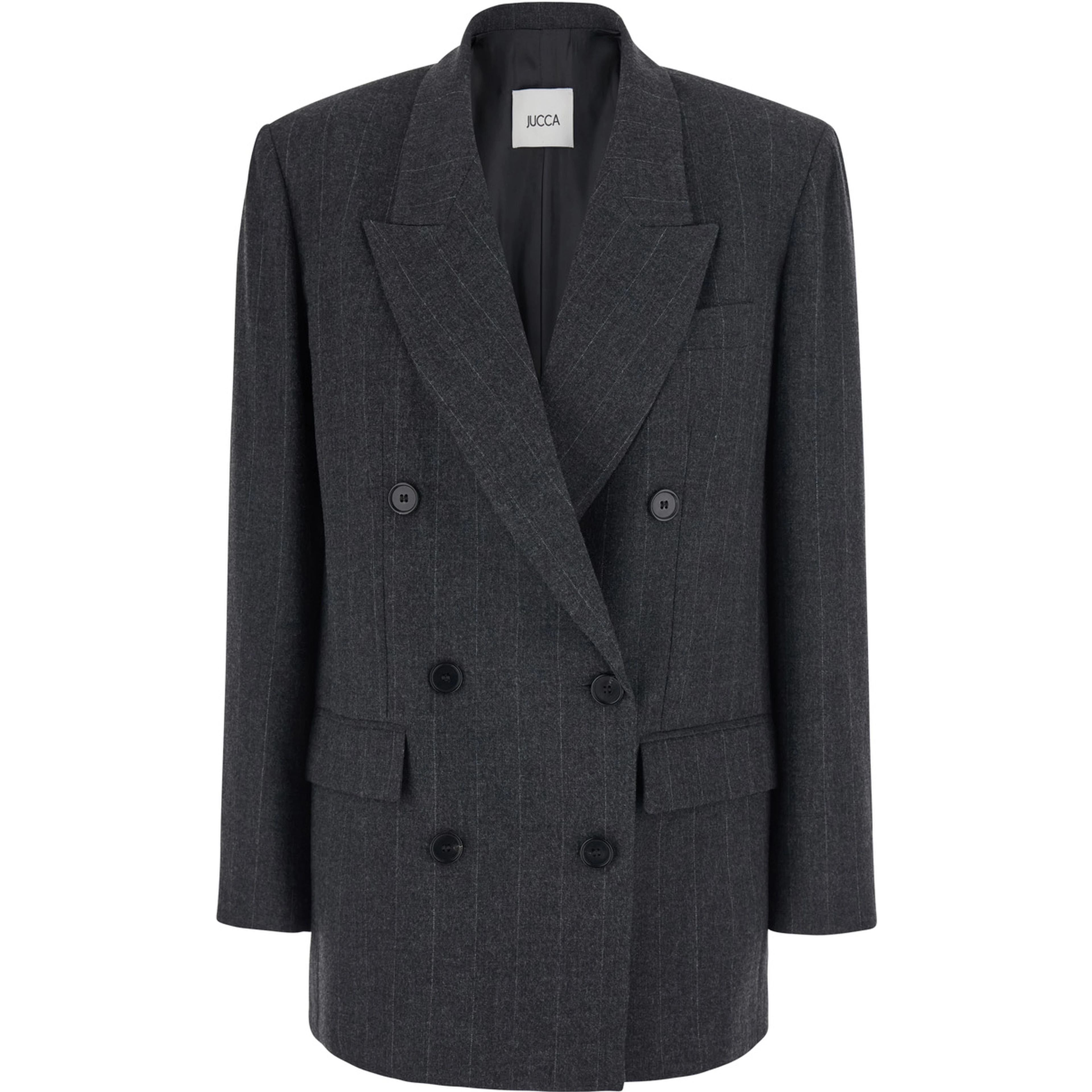 Grey Double-breasted Jacket with Prince of Wales Pattern in Blend Wool and Fabric Woman