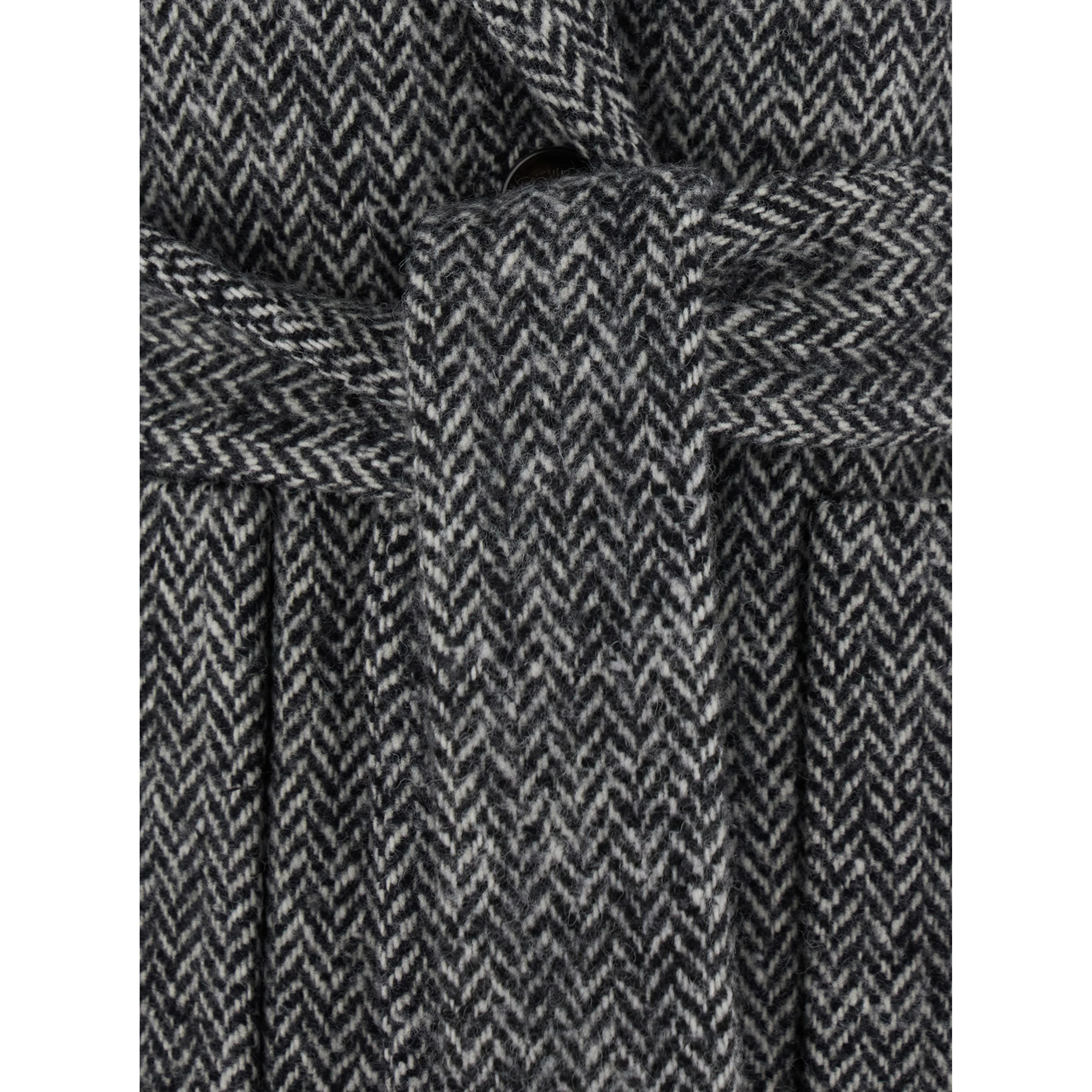 Grey Double-breasted Coat with Belt at the Front and Fur Cuffs in Wool Blend for Women