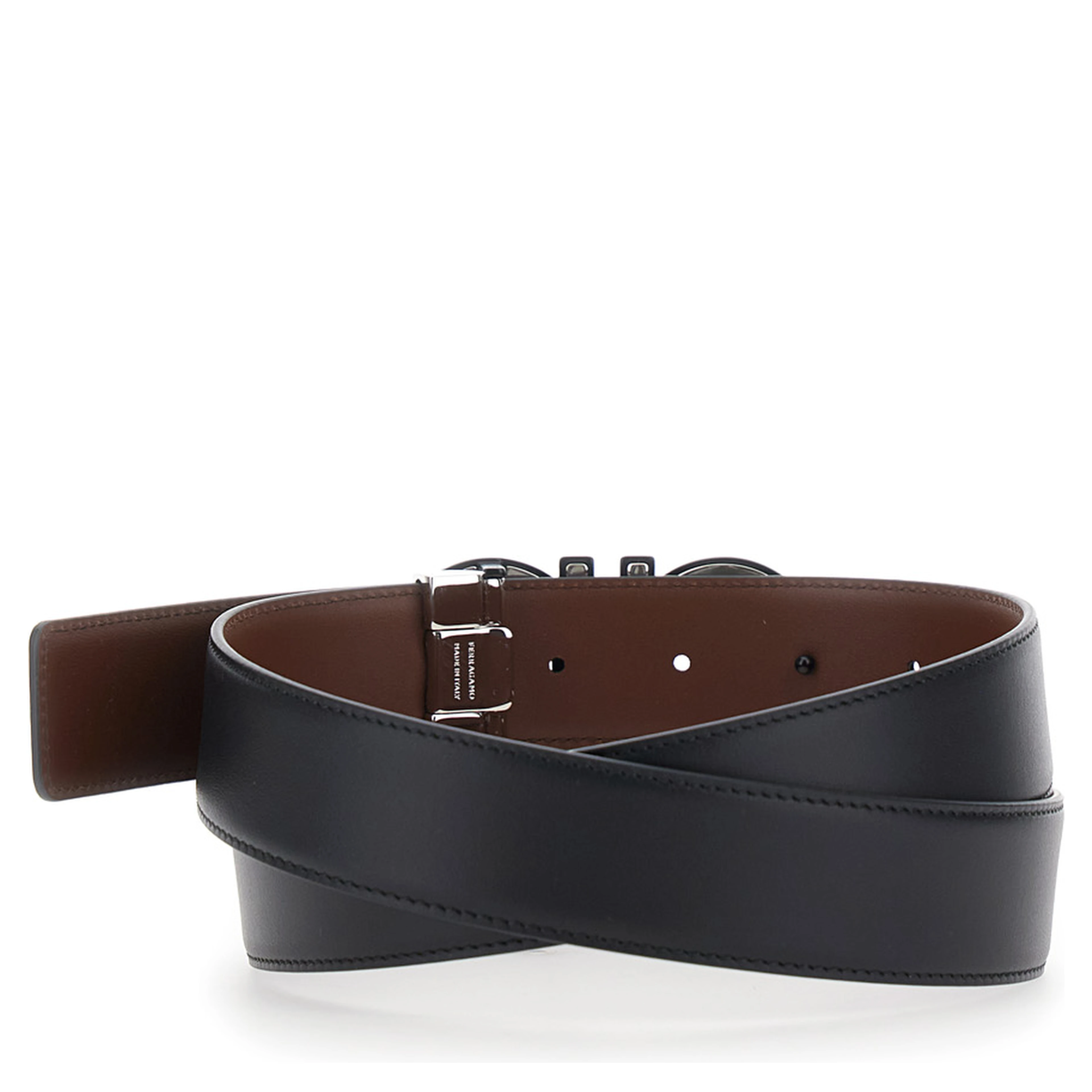 black and brown Belt with reversible design and Gancini buckle in leather for men