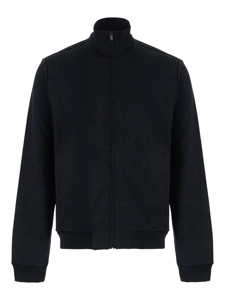 black High-neck sweatshirt with zip-up closure in cotton and silk blend for men