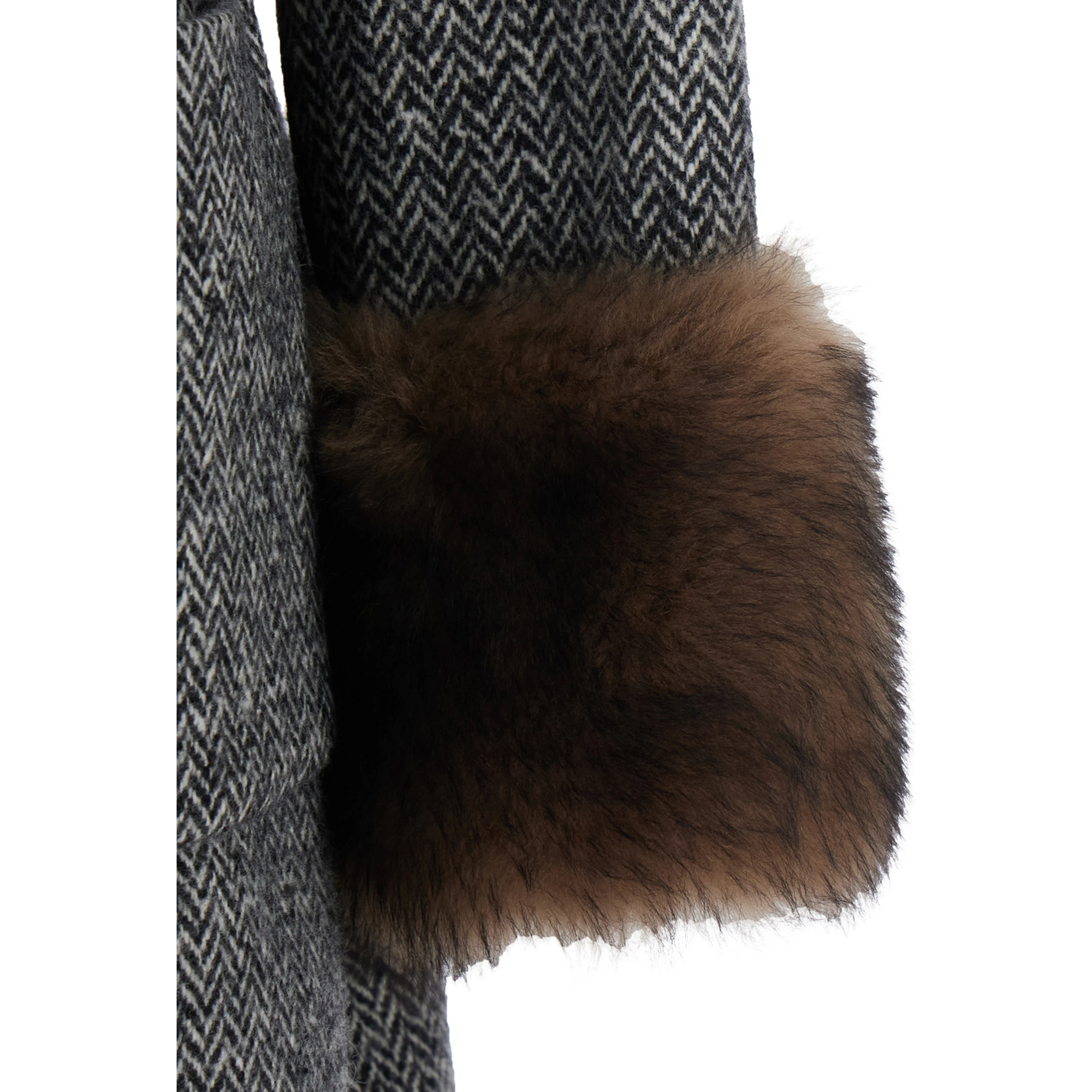 Grey Double-breasted Coat with Belt at the Front and Fur Cuffs in Wool Blend for Women