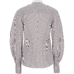Brown Shirt with All-over Stripe Motif and Balloon Sleeves in Silk for Women