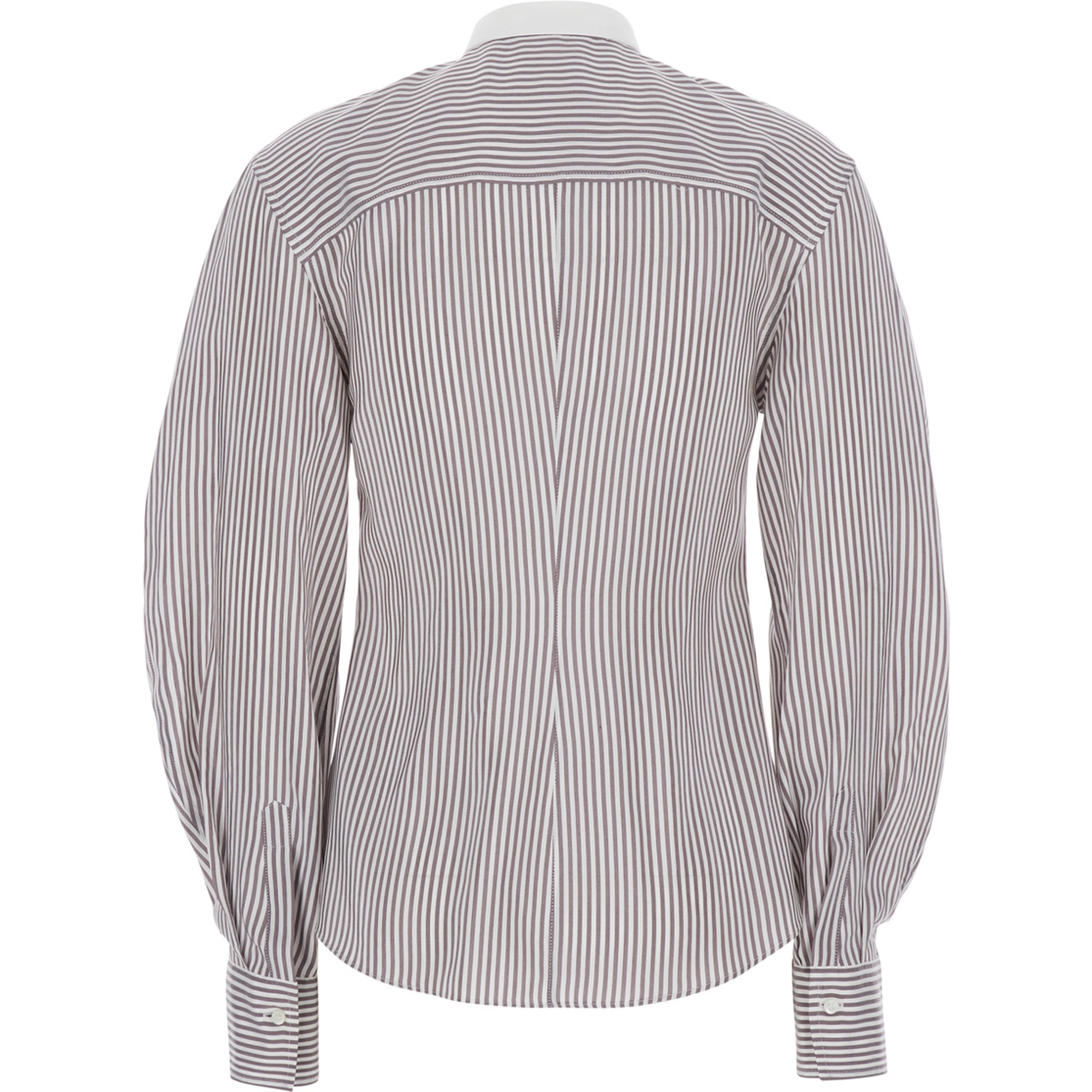 Brown Shirt with All-over Stripe Motif and Balloon Sleeves in Silk for Women