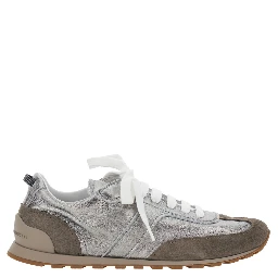 Gray Low Top Sneakers with logo lettering on tongue and heel and metallic effect in suede and leather for women