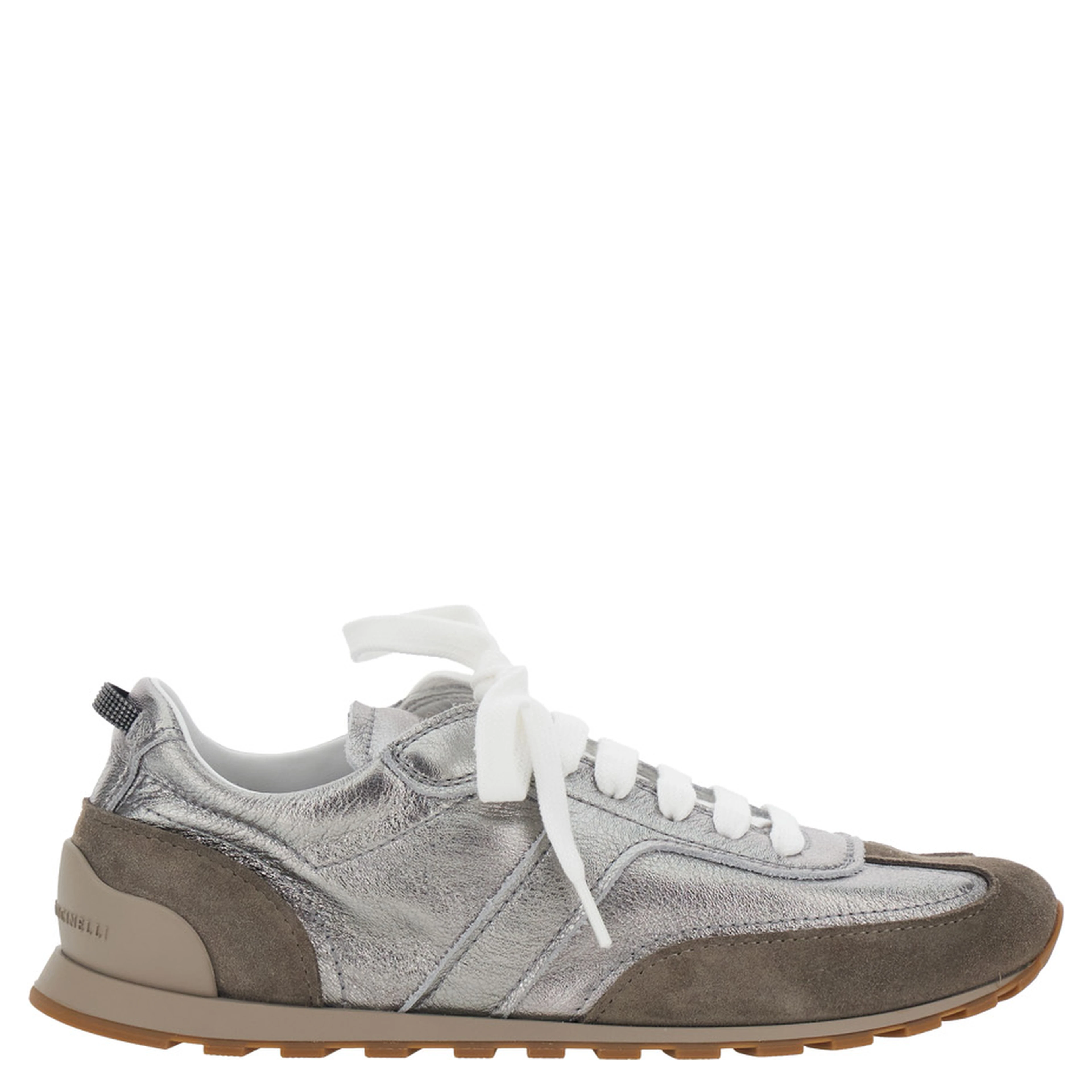 Gray Low Top Sneakers with logo lettering on tongue and heel and metallic effect in suede and leather for women