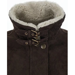 Gloria Brown Bomber Jacket with High Fur Collar with Straps in Suede for Women