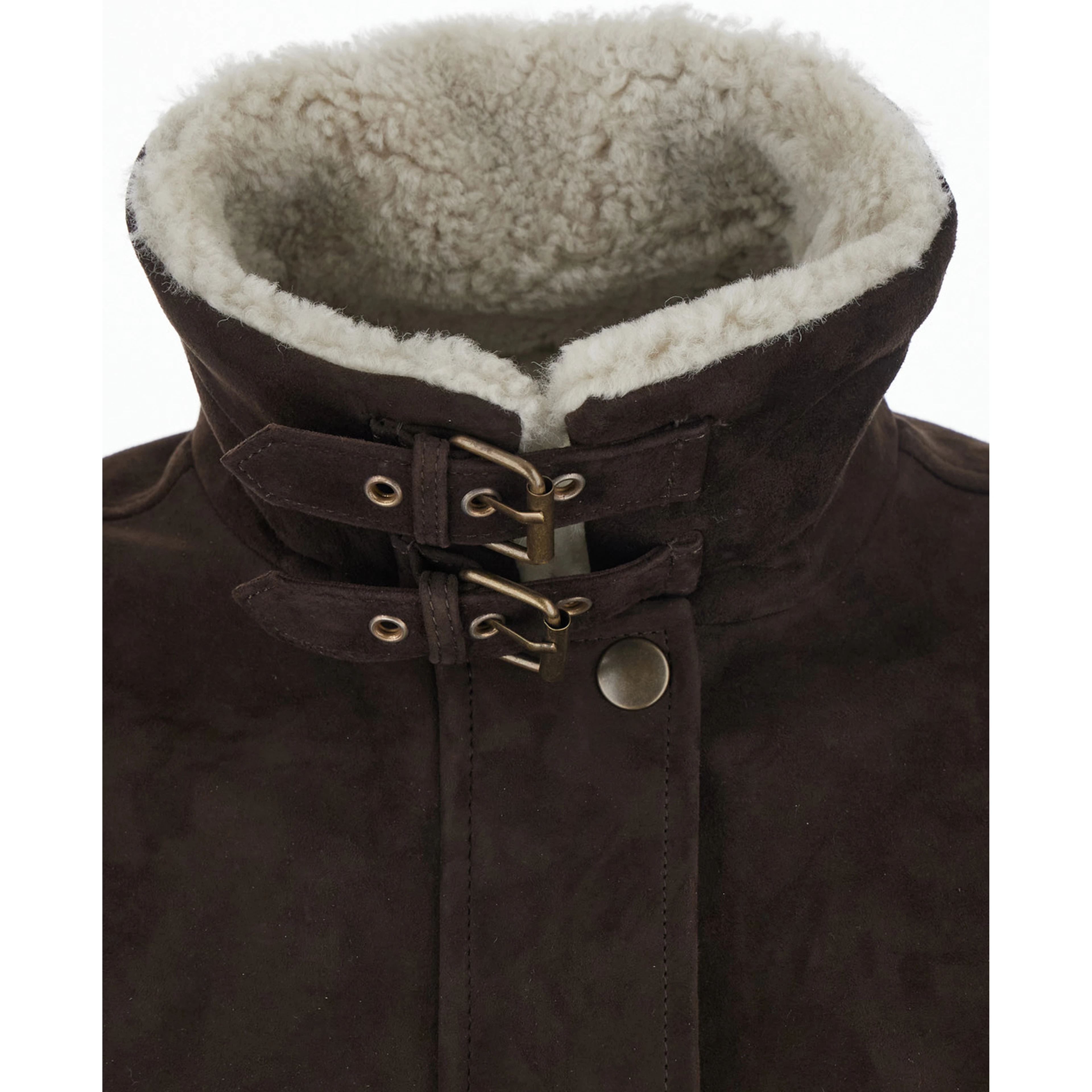 Gloria Brown Bomber Jacket with High Fur Collar with Straps in Suede for Women