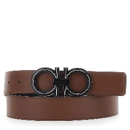 black and brown Belt with reversible design and Gancini buckle in leather for men