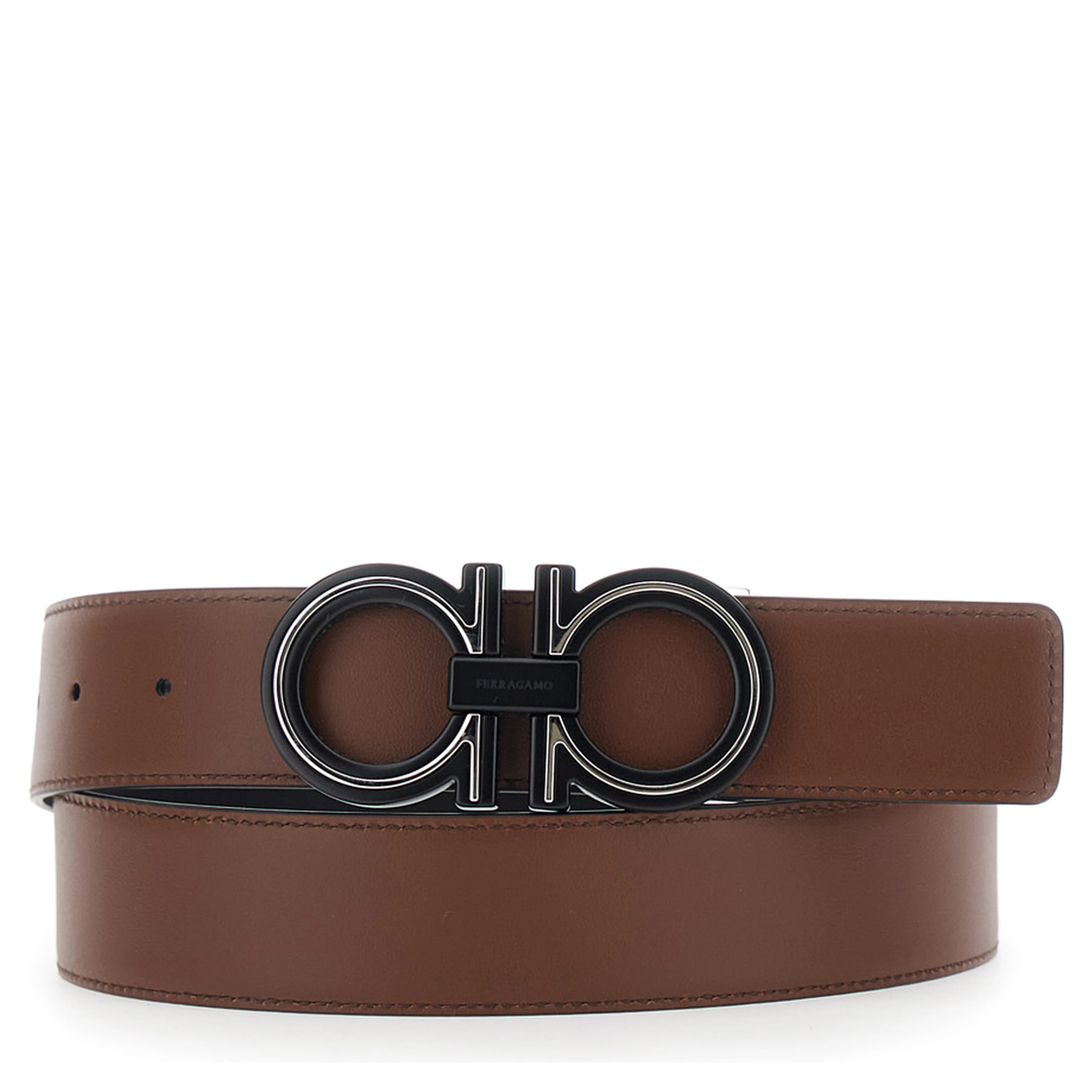 black and brown Belt with reversible design and Gancini buckle in leather for men