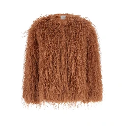 Brown crew neck shearling jacket with front hidden closure in ecofur for women