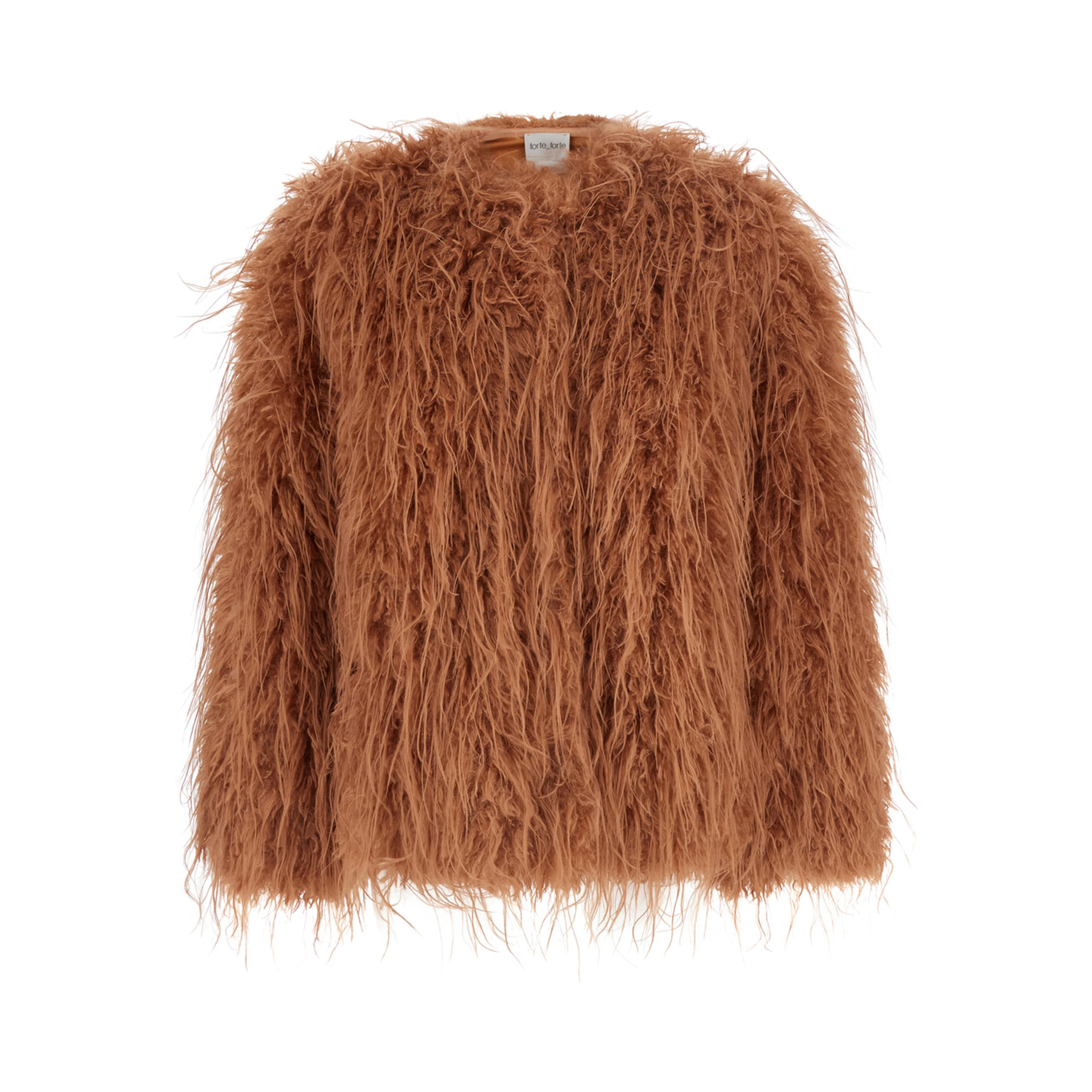 Brown crew neck shearling jacket with front hidden closure in ecofur for women