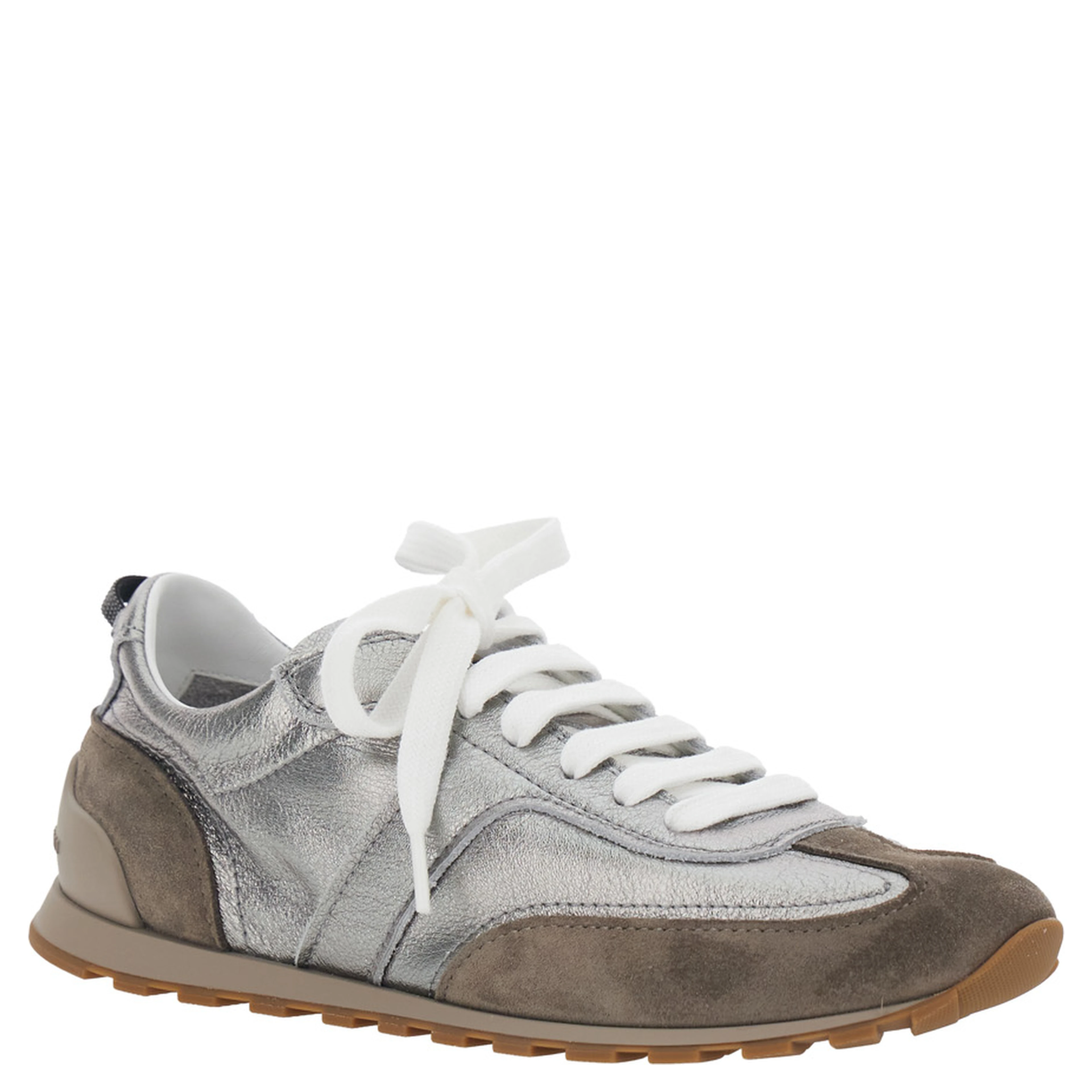 Gray Low Top Sneakers with logo lettering on tongue and heel and metallic effect in suede and leather for women