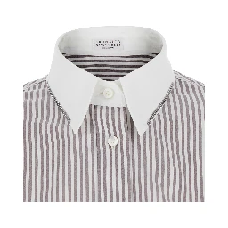 Brown Shirt with All-over Stripe Motif and Balloon Sleeves in Silk for Women