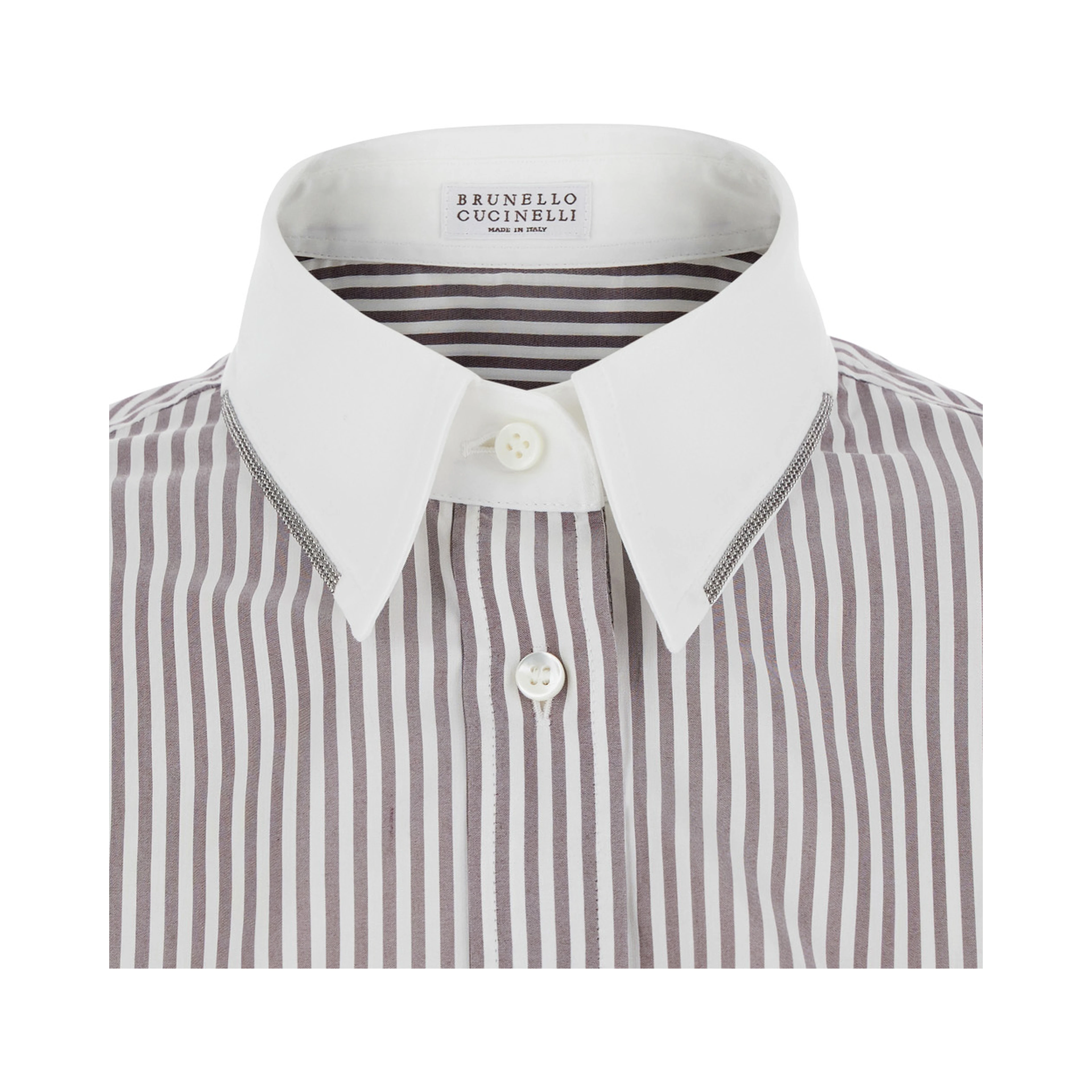 Brown Shirt with All-over Stripe Motif and Balloon Sleeves in Silk for Women