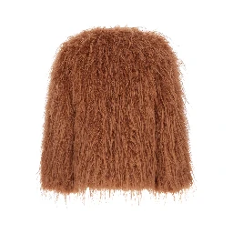 Brown crew neck shearling jacket with front hidden closure in ecofur for women