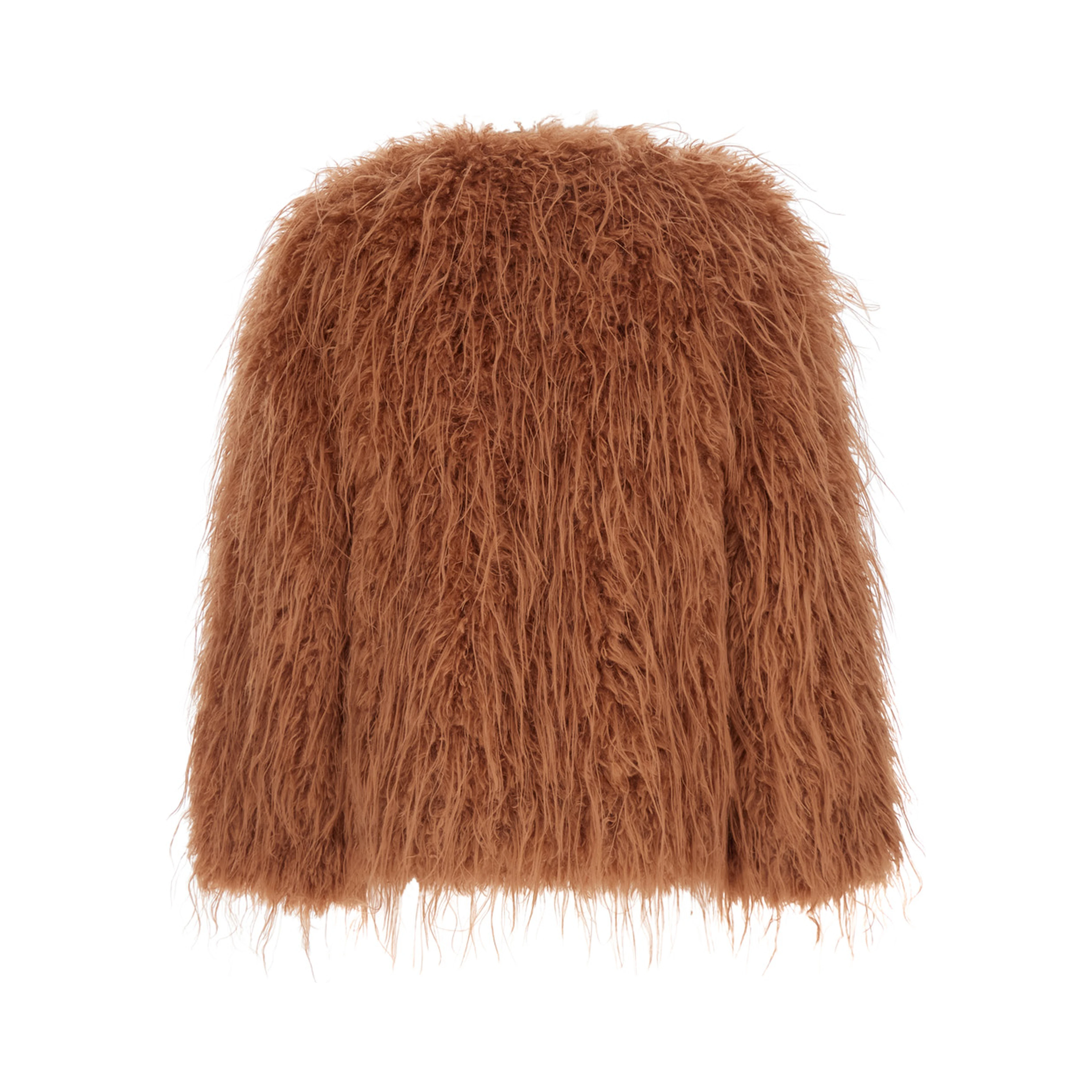 Brown crew neck shearling jacket with front hidden closure in ecofur for women
