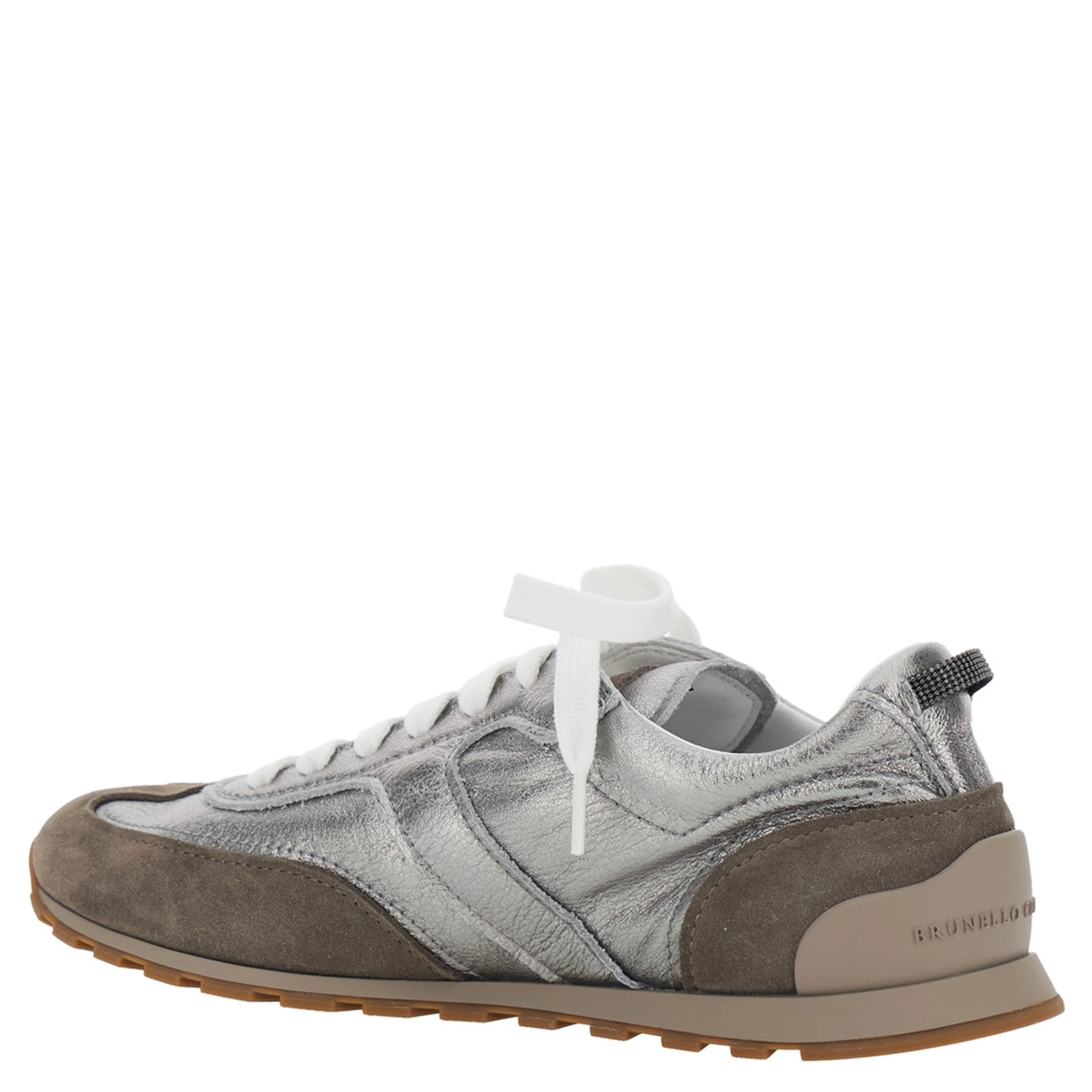 Gray Low Top Sneakers with logo lettering on tongue and heel and metallic effect in suede and leather for women