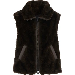 Brown Sleeveless Gilet with Side Pockets in faux-fur for Women