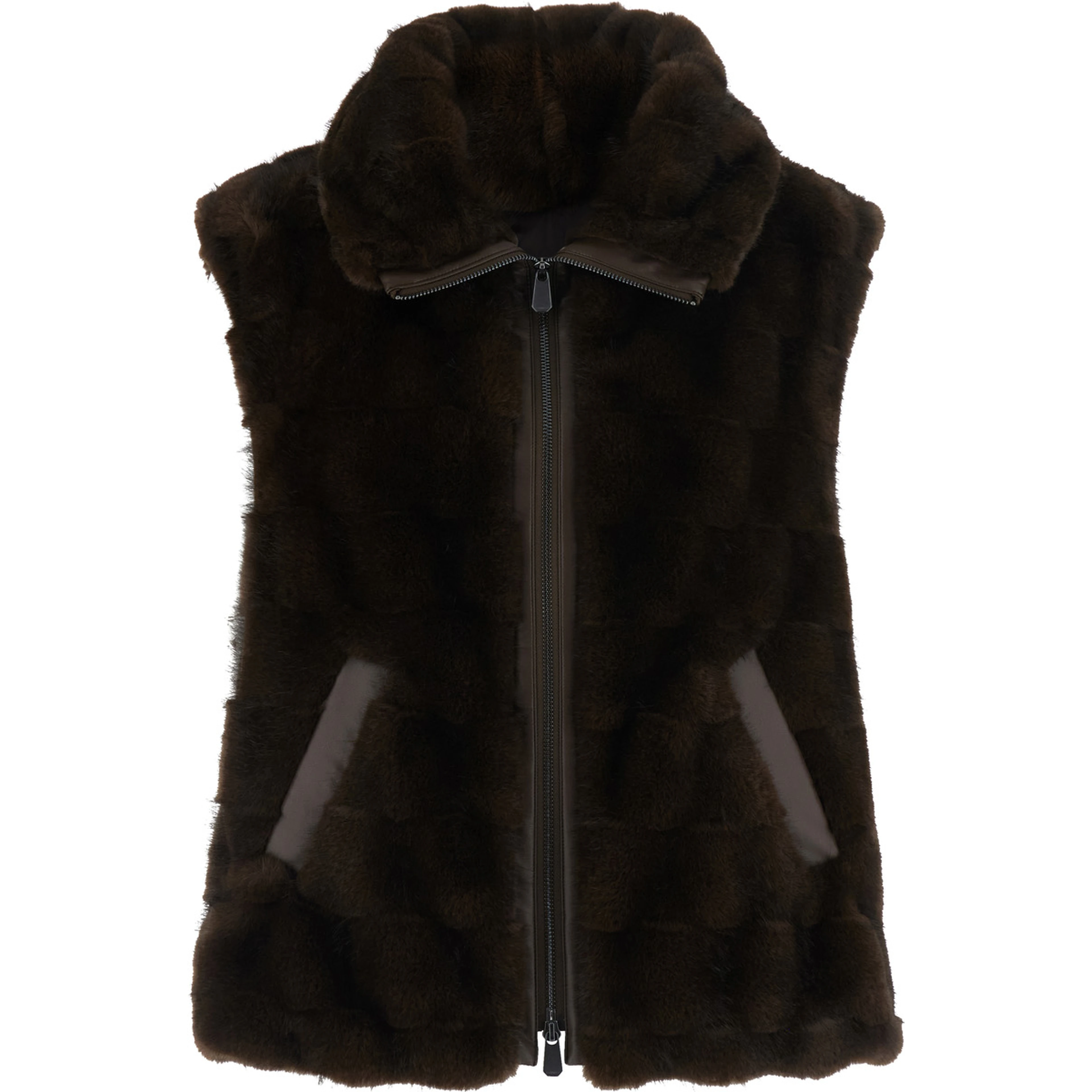 Brown Sleeveless Gilet with Side Pockets in faux-fur for Women