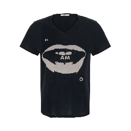 Black T-shirt with V Neck and Print on the Front in Cotton for Women