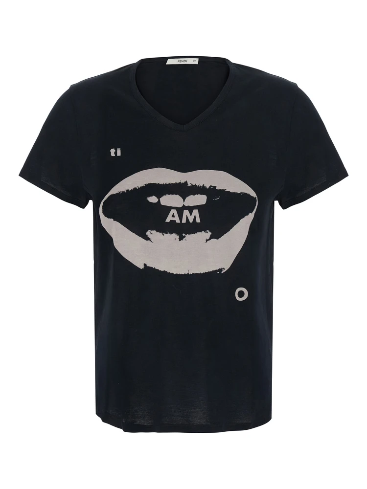Black T-shirt with V Neck and Print on the Front in Cotton for Women