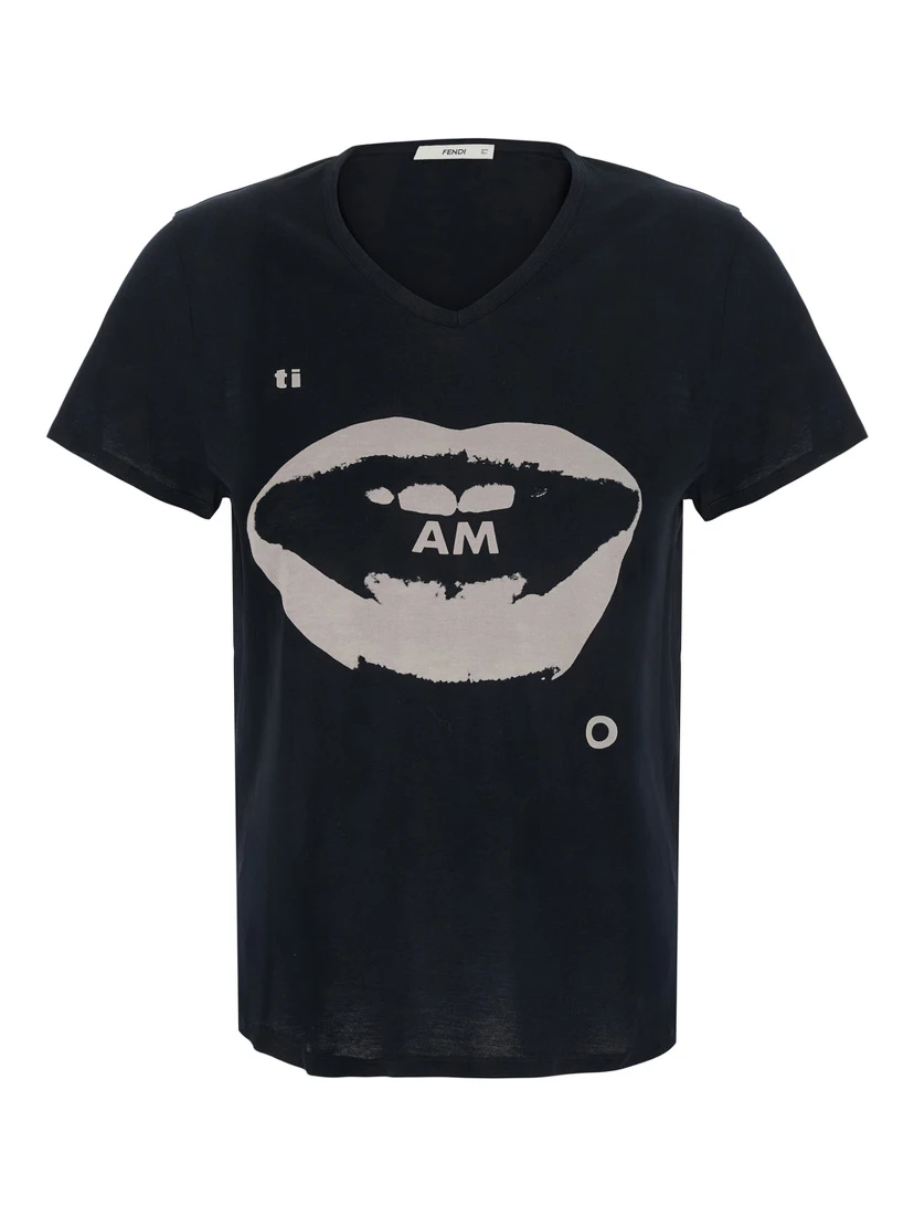 Black T-shirt with V Neck and Print on the Front in Cotton for Women