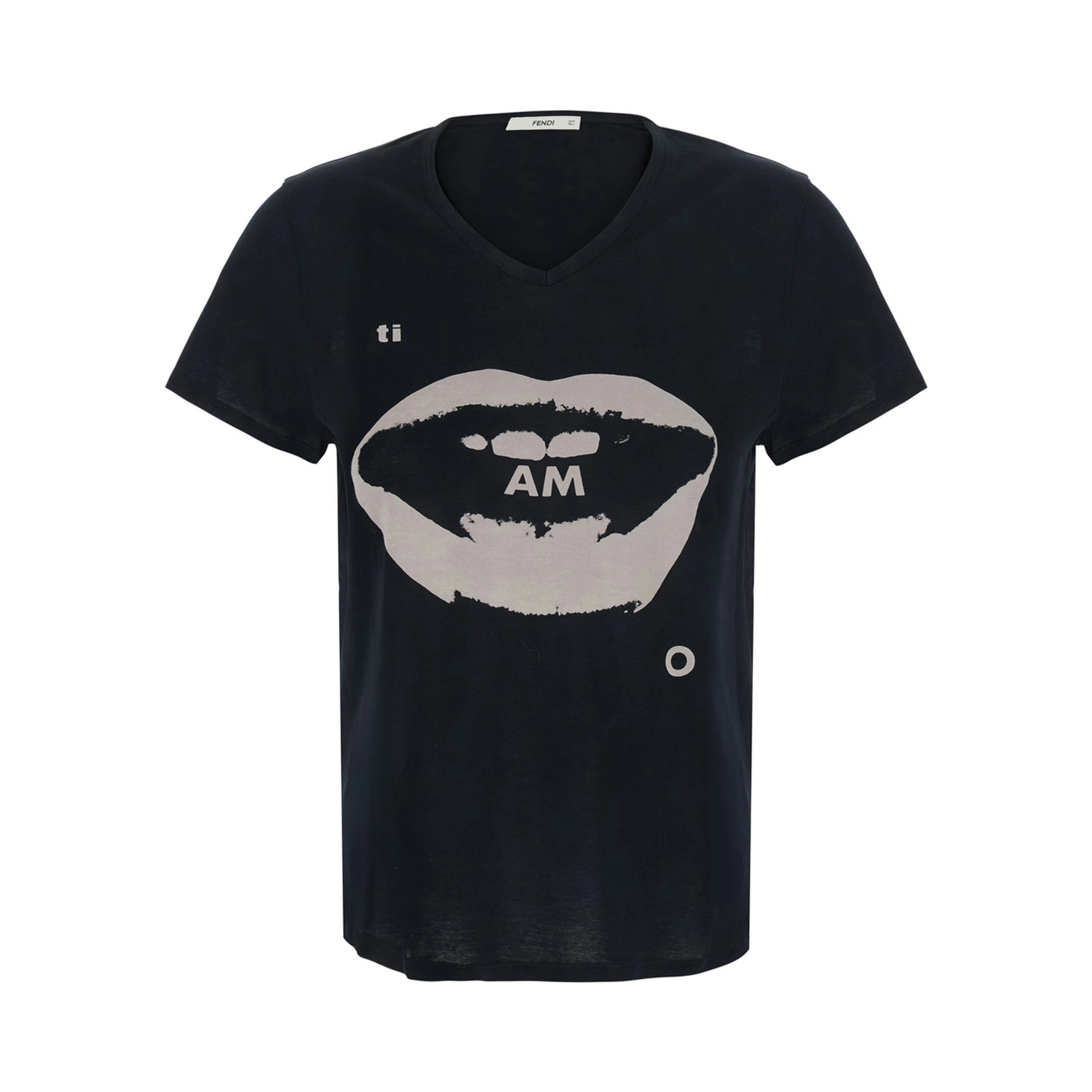 Black T-shirt with V Neck and Print on the Front in Cotton for Women