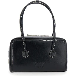 Soft Boston Black Small Shoulder bag with Two Top Handles and Logo lettering on the Front in Leather for Women