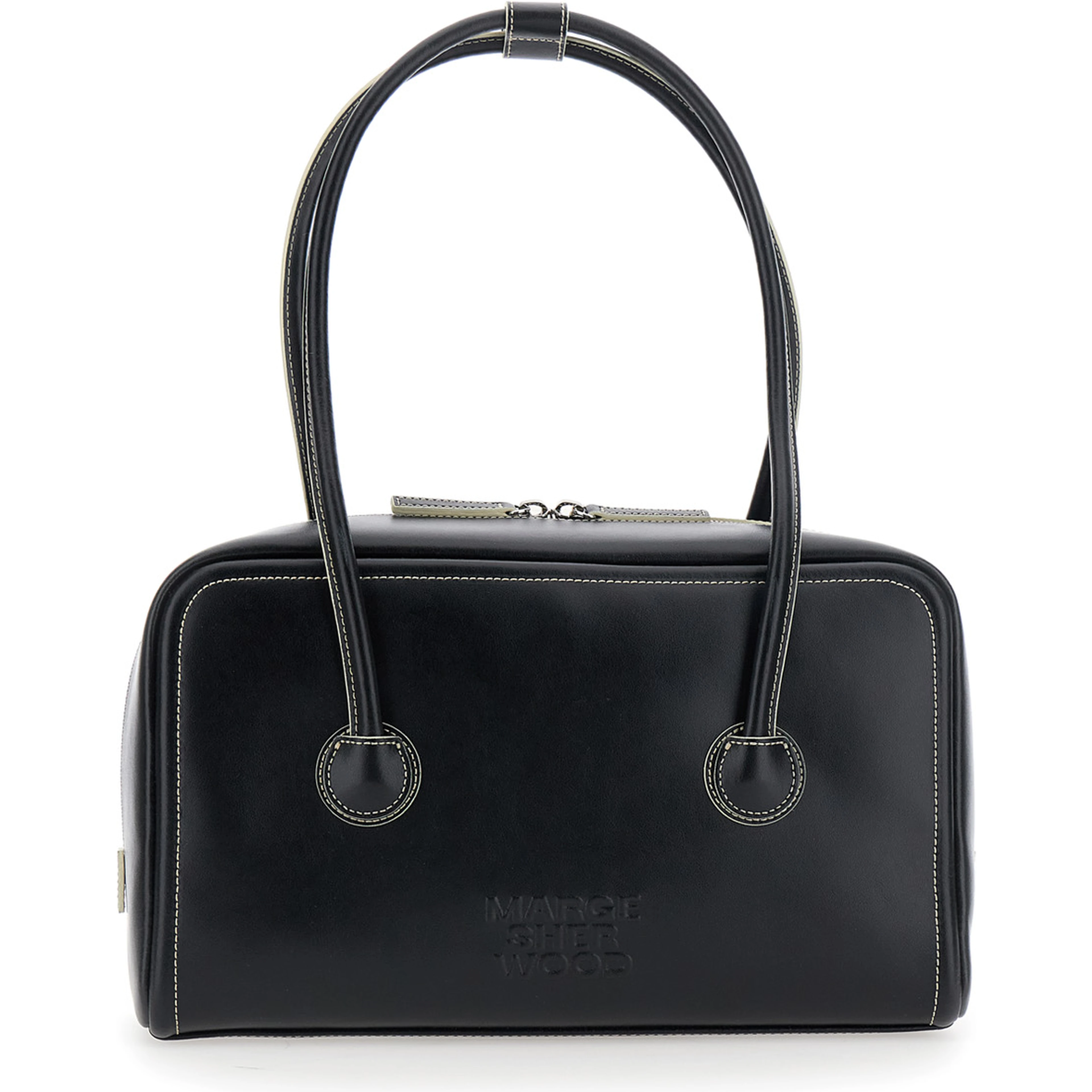 Soft Boston Black Small Shoulder bag with Two Top Handles and Logo lettering on the Front in Leather for Women