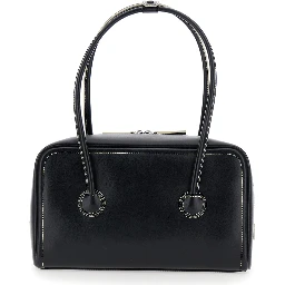 Soft Boston Black Small Shoulder bag with Two Top Handles and Logo lettering on the Front in Leather for Women