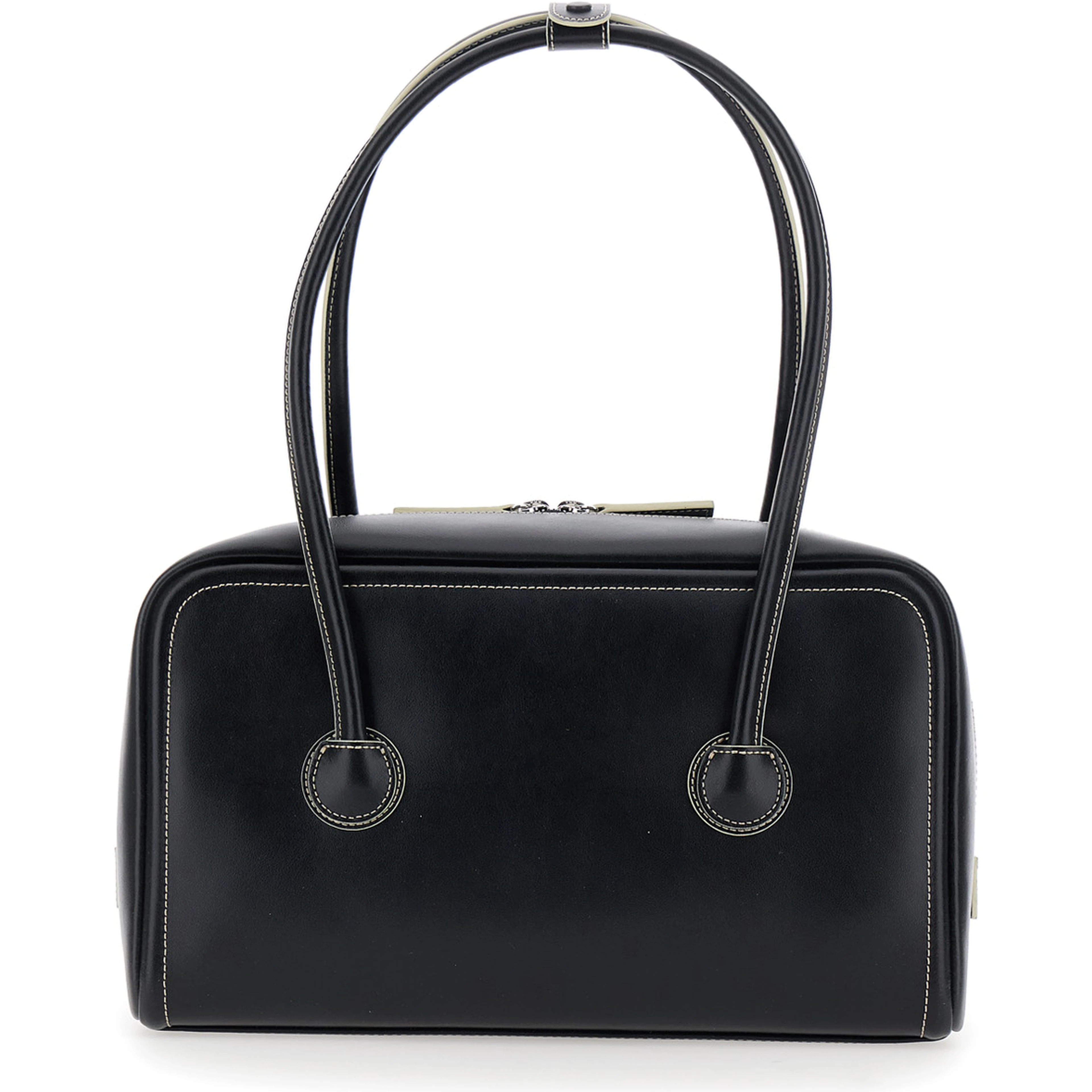 Soft Boston Black Small Shoulder bag with Two Top Handles and Logo lettering on the Front in Leather for Women