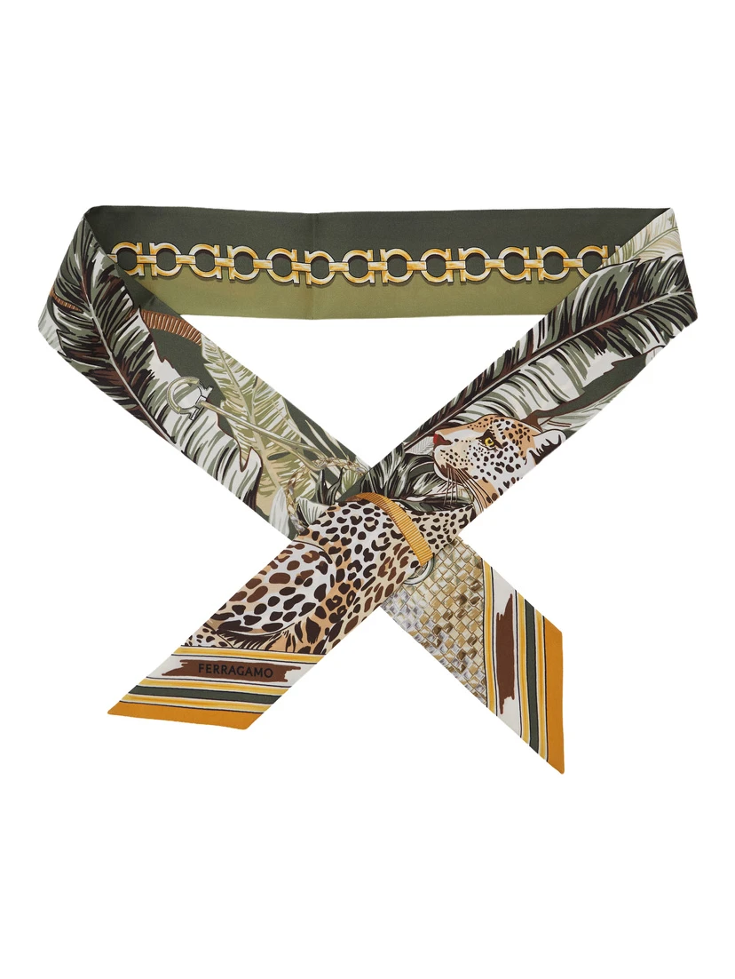 Green Scarf with All-over Print and Embossed Logo Lettering in Silk Women