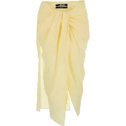 La Jupe Pareo Yellow Midi Skirt with Hidden Zip Closure on the Side and Draping on Front and Back in Tech Fabric for Women