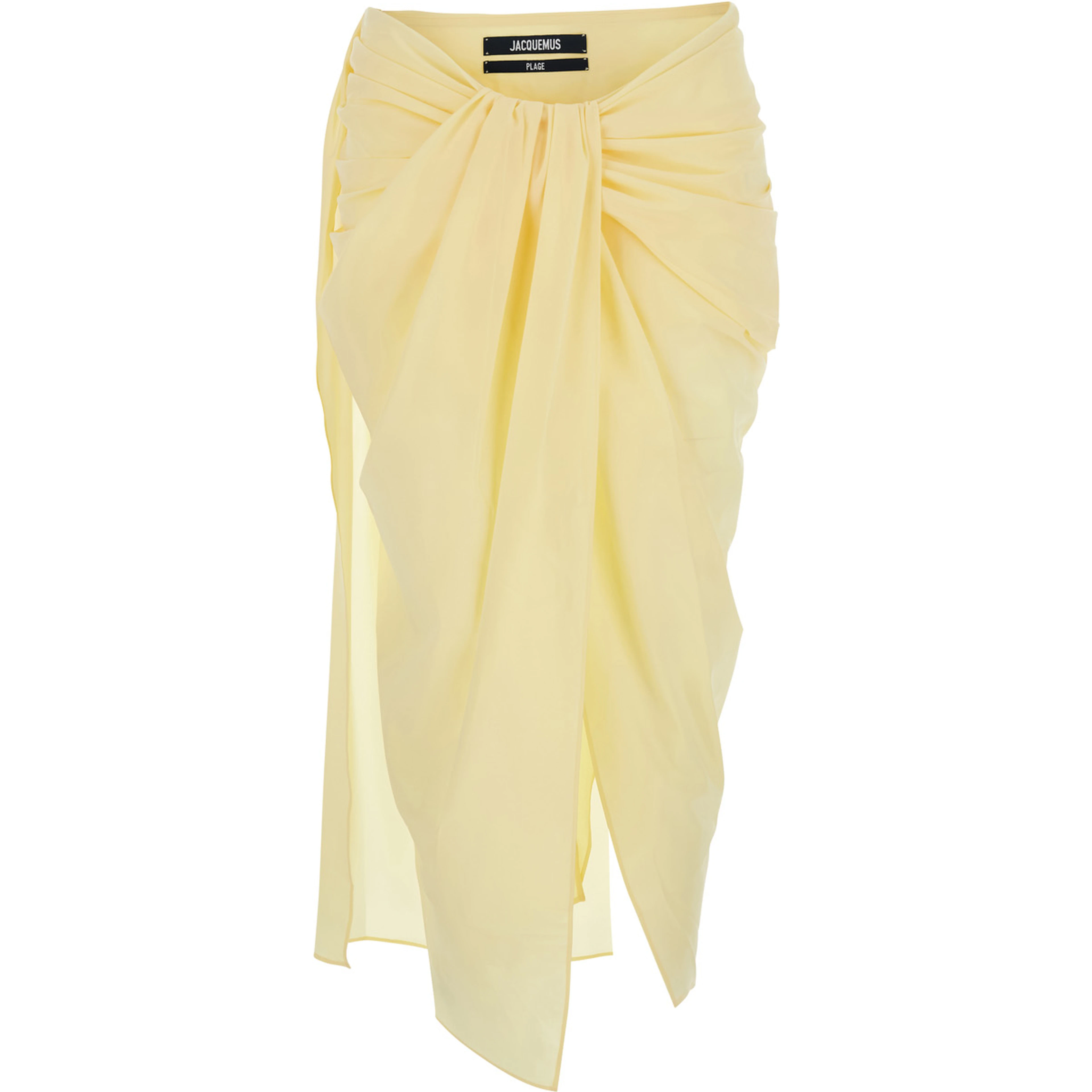 La Jupe Pareo Yellow Midi Skirt with Hidden Zip Closure on the Side and Draping on Front and Back in Tech Fabric for Women