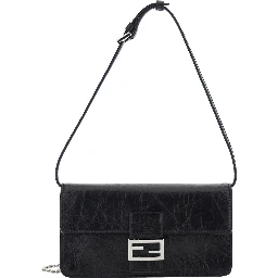 black Crossbody bag with leather strap and FF chain strap in fabric for women