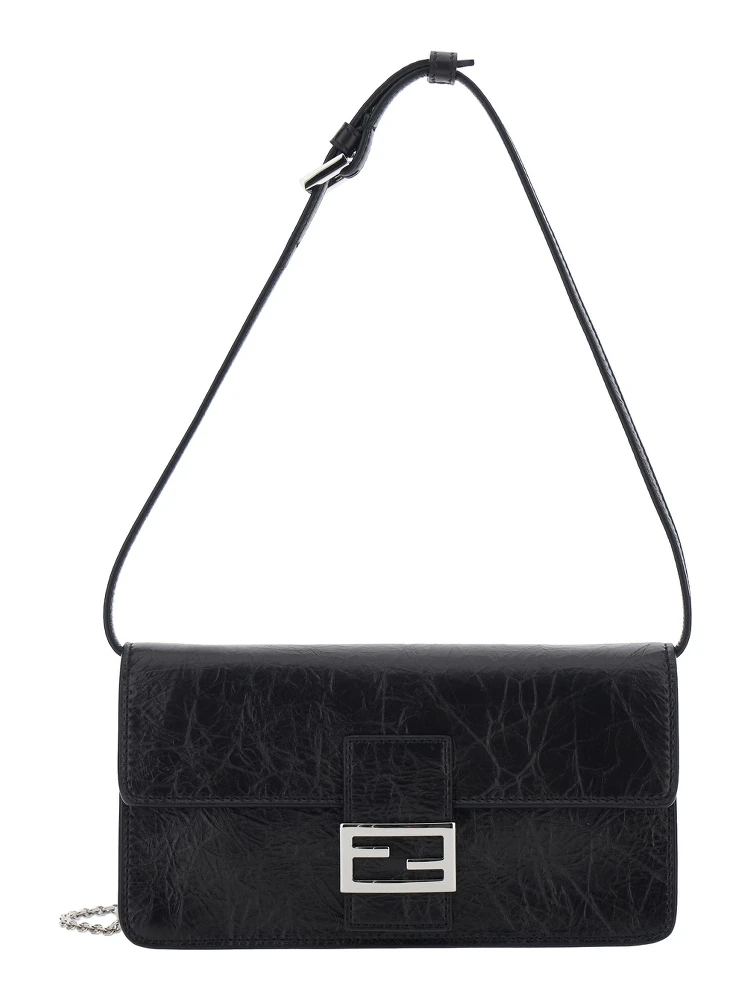 black Crossbody bag with leather strap and FF chain strap in fabric for women