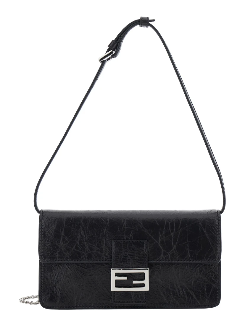 black Crossbody bag with leather strap and FF chain strap in fabric for women