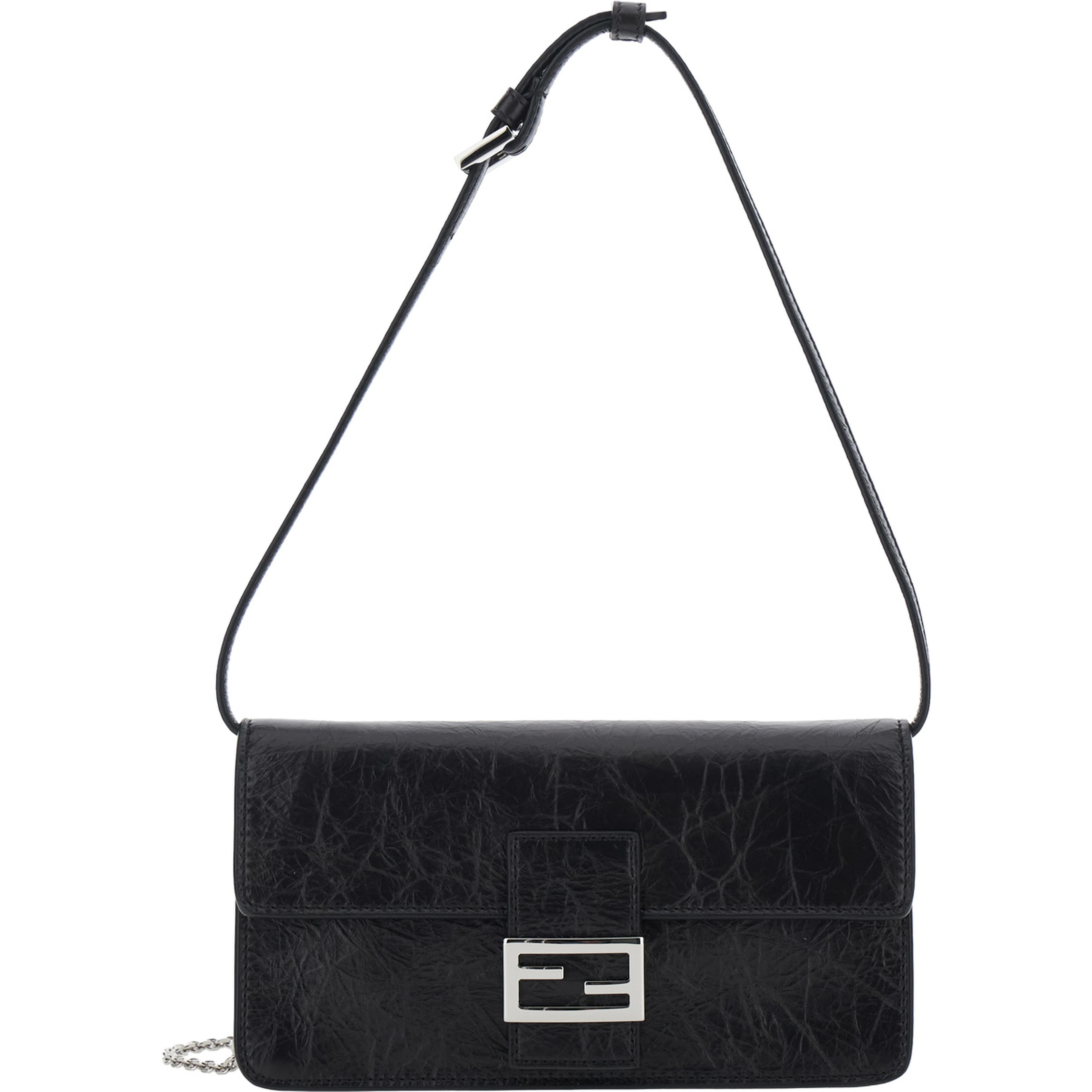 black Crossbody bag with leather strap and FF chain strap in fabric for women