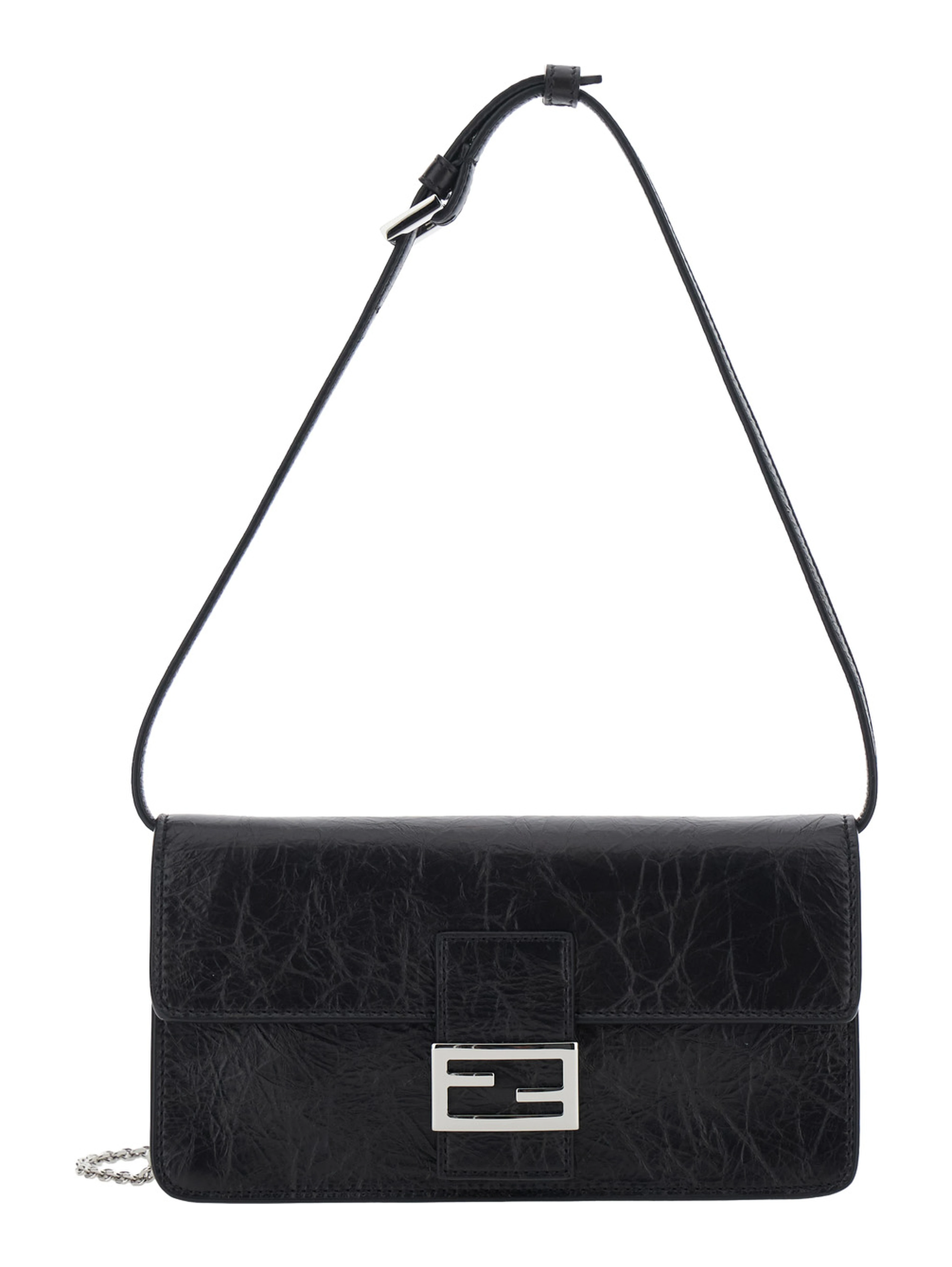 black Crossbody bag with leather strap and FF chain strap in fabric for women