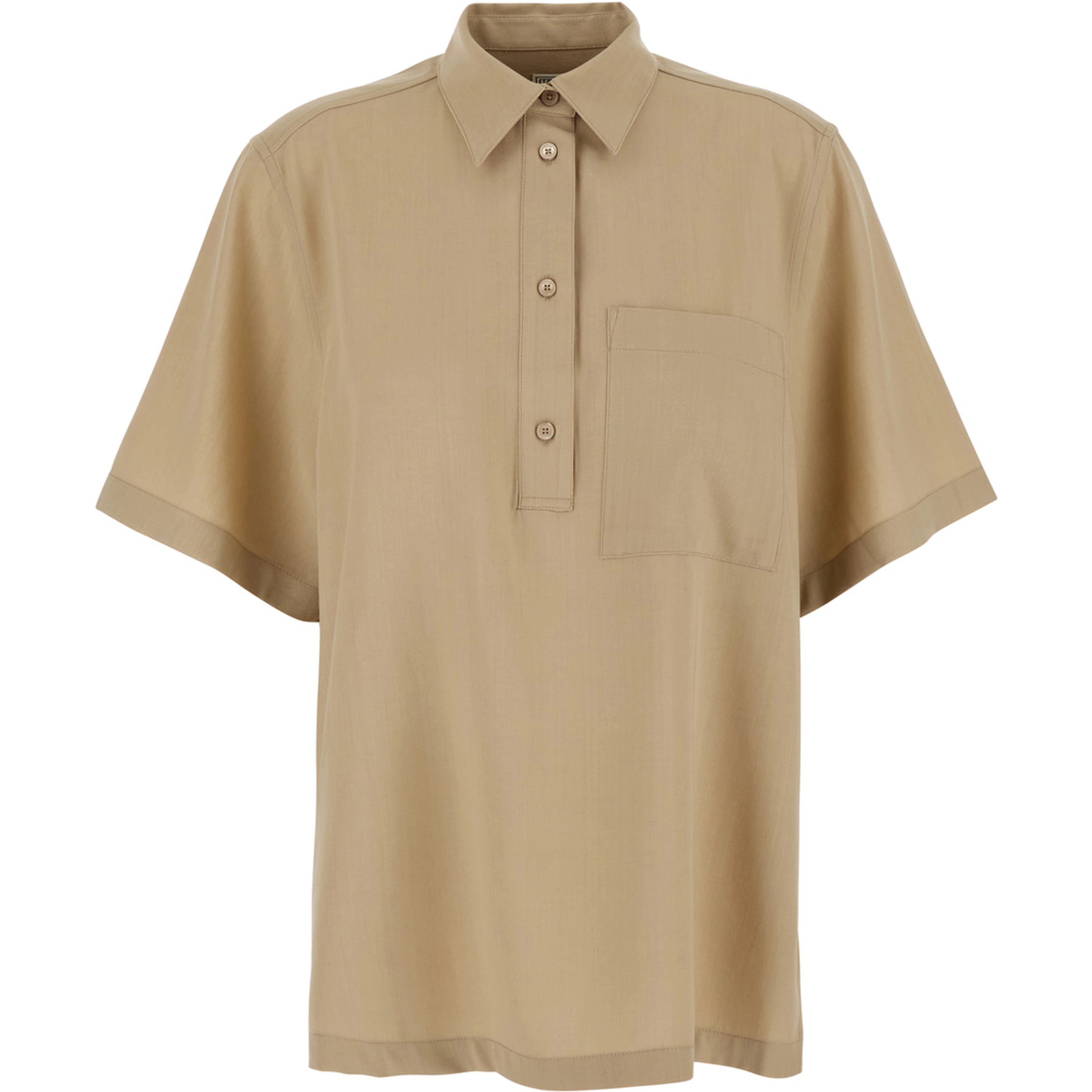 Beige Oversized Polo Shirt with Classic Collar and Wide Short Sleeves in Blend Wool for Women