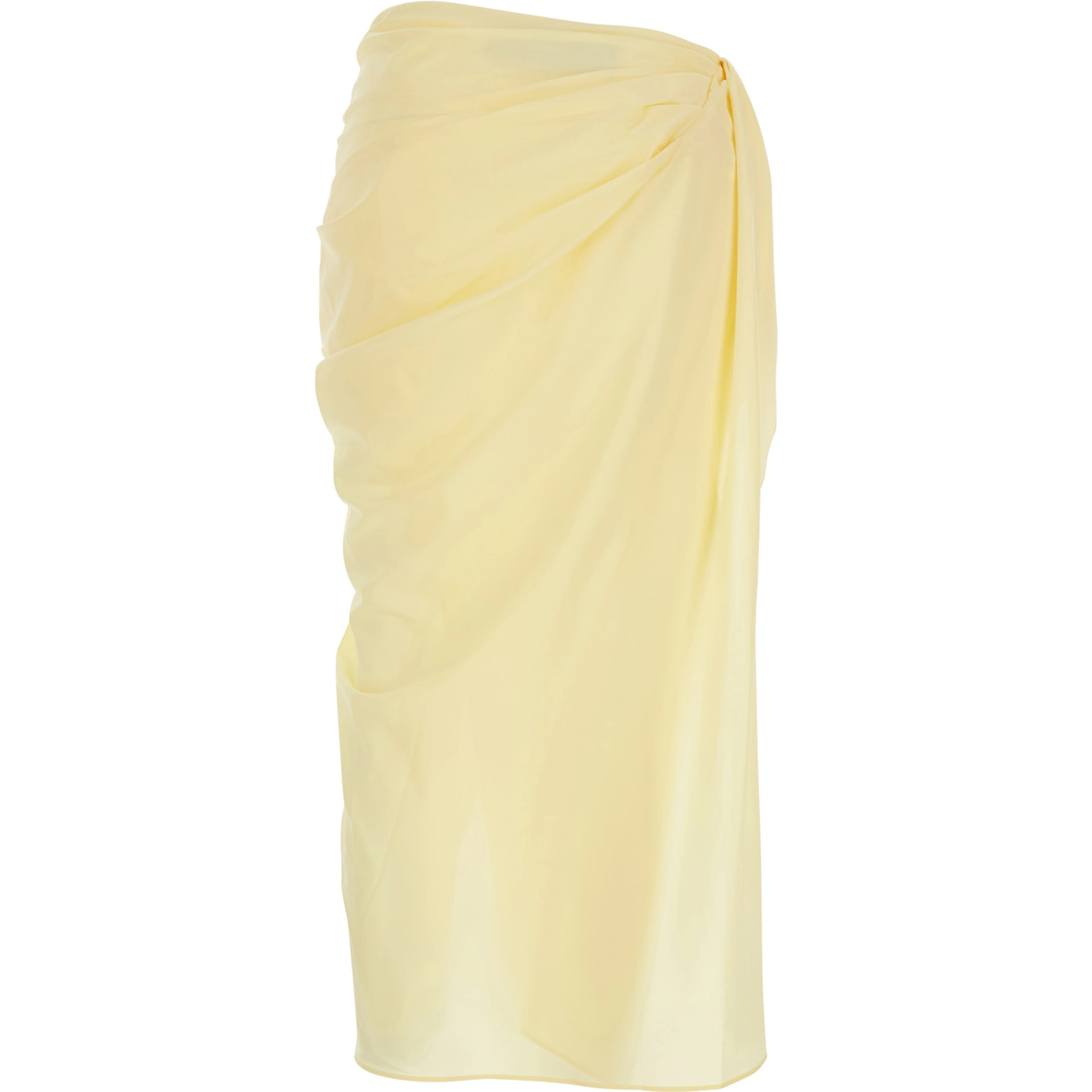 La Jupe Pareo Yellow Midi Skirt with Hidden Zip Closure on the Side and Draping on Front and Back in Tech Fabric for Women