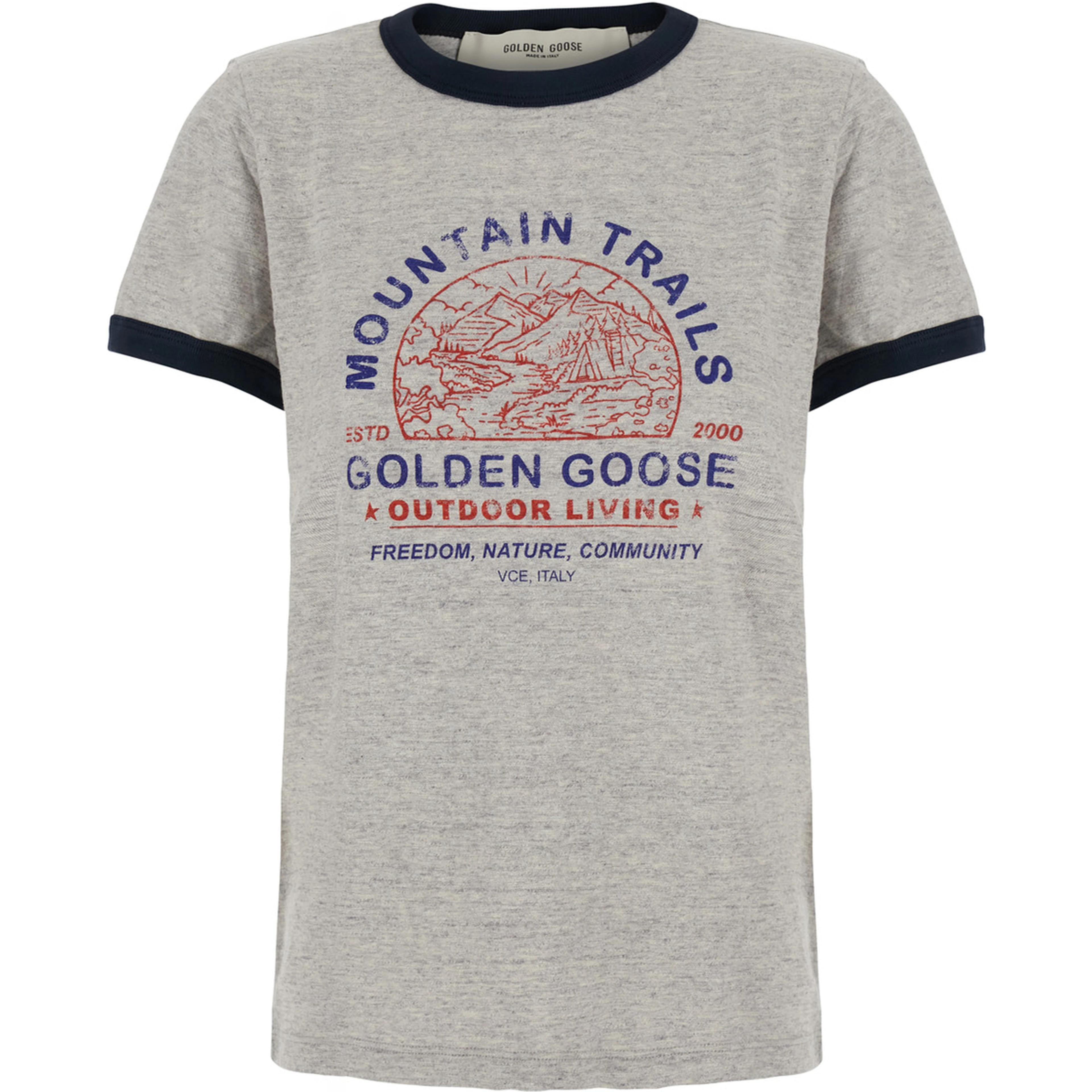 Grey Crew-neck T-Shirt with contrasting collar and cuffs and logo print on the front in cotton for women