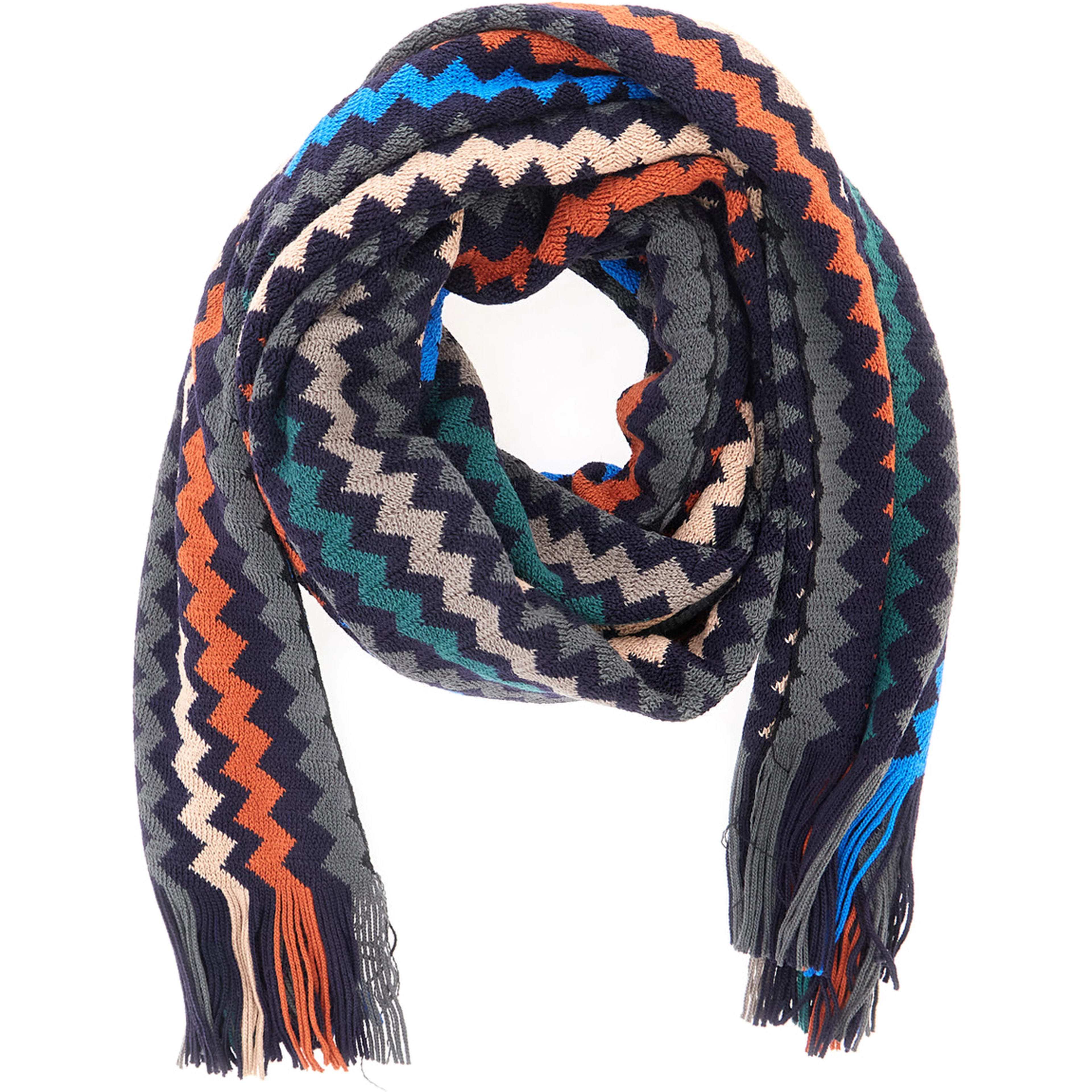 multicolor Scarf with all-over Zig Zag motif and fringed edge in wool and fabric blend for men