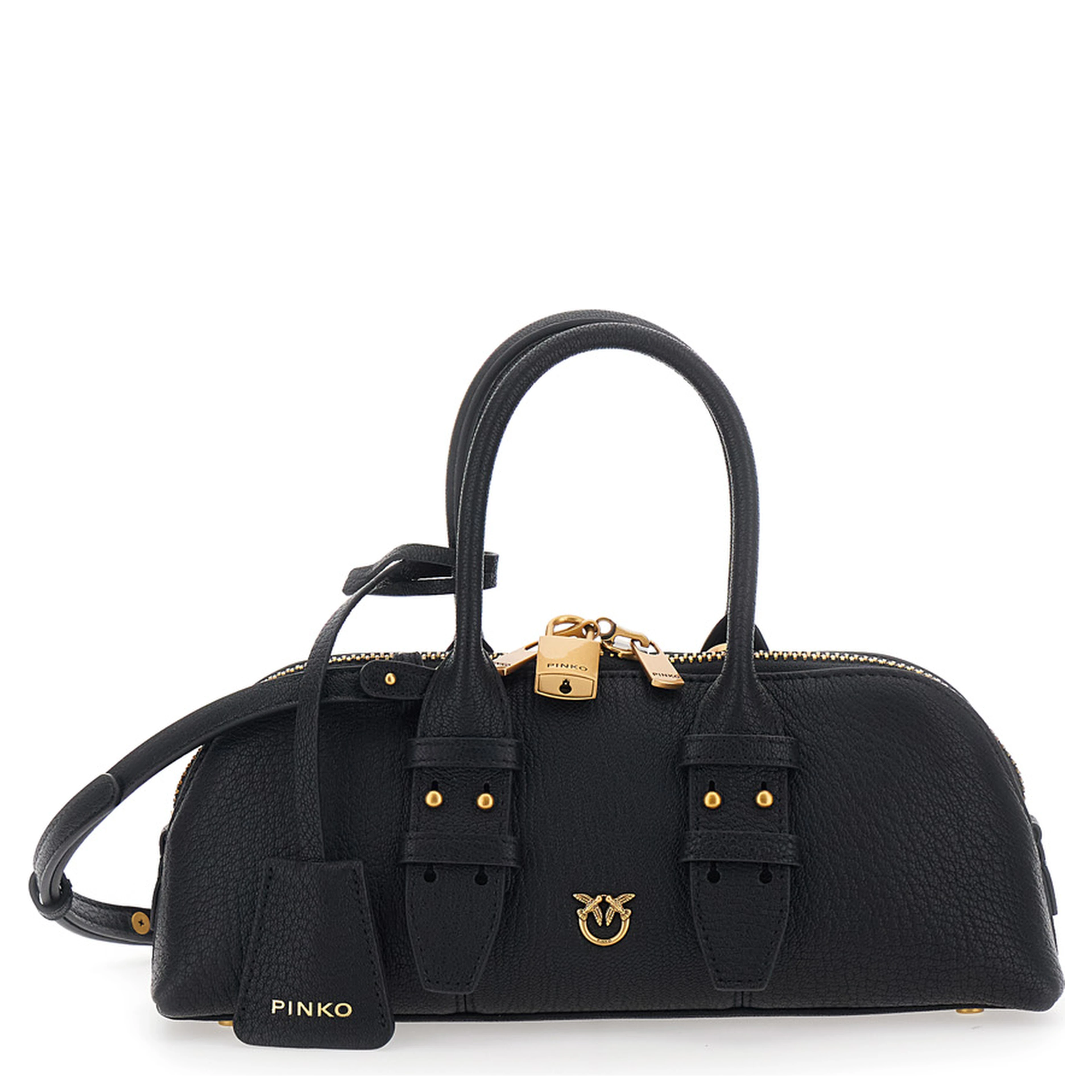 Bowling Horizontal black Handbag with adjustable and removable shoulder strap and Love Birds plaque on the front in Grained leather for women